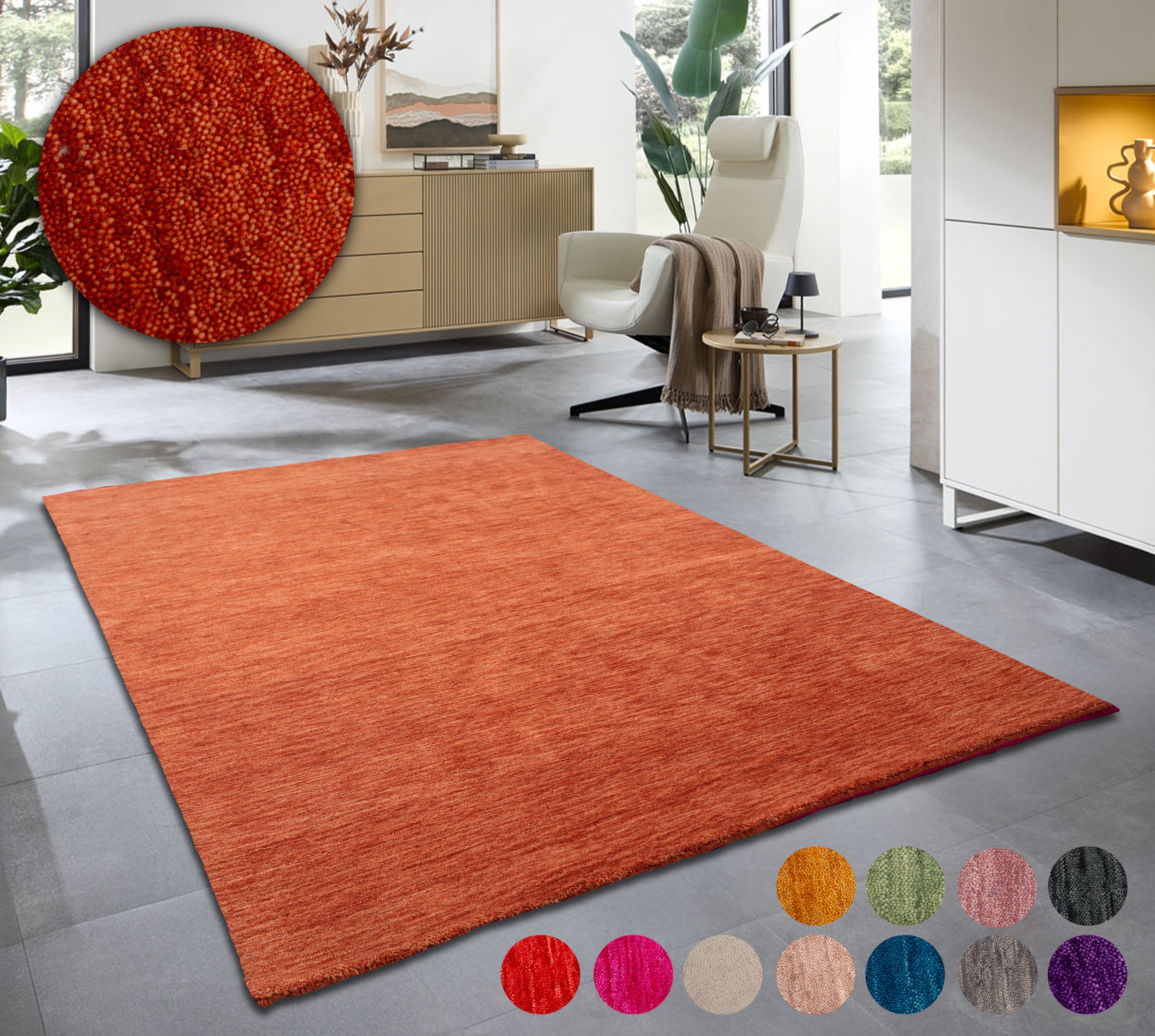 THEKO Wollteppich »Holi«, rechteckig, 13 mm Höhe, Uni-Farben, leicht meliert, reine Wolle, handgewebt mit Knüpfoptik