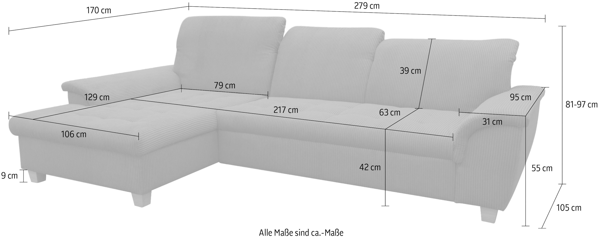 OTTO home Ecksofa »Eggery 279 x 170 cm, auch mit Schlaffunktion & Bettkasten, Holzfüße« Kopfteile verstellbar, L-Form, aus pflegeleichtem Luxus-Microfaser