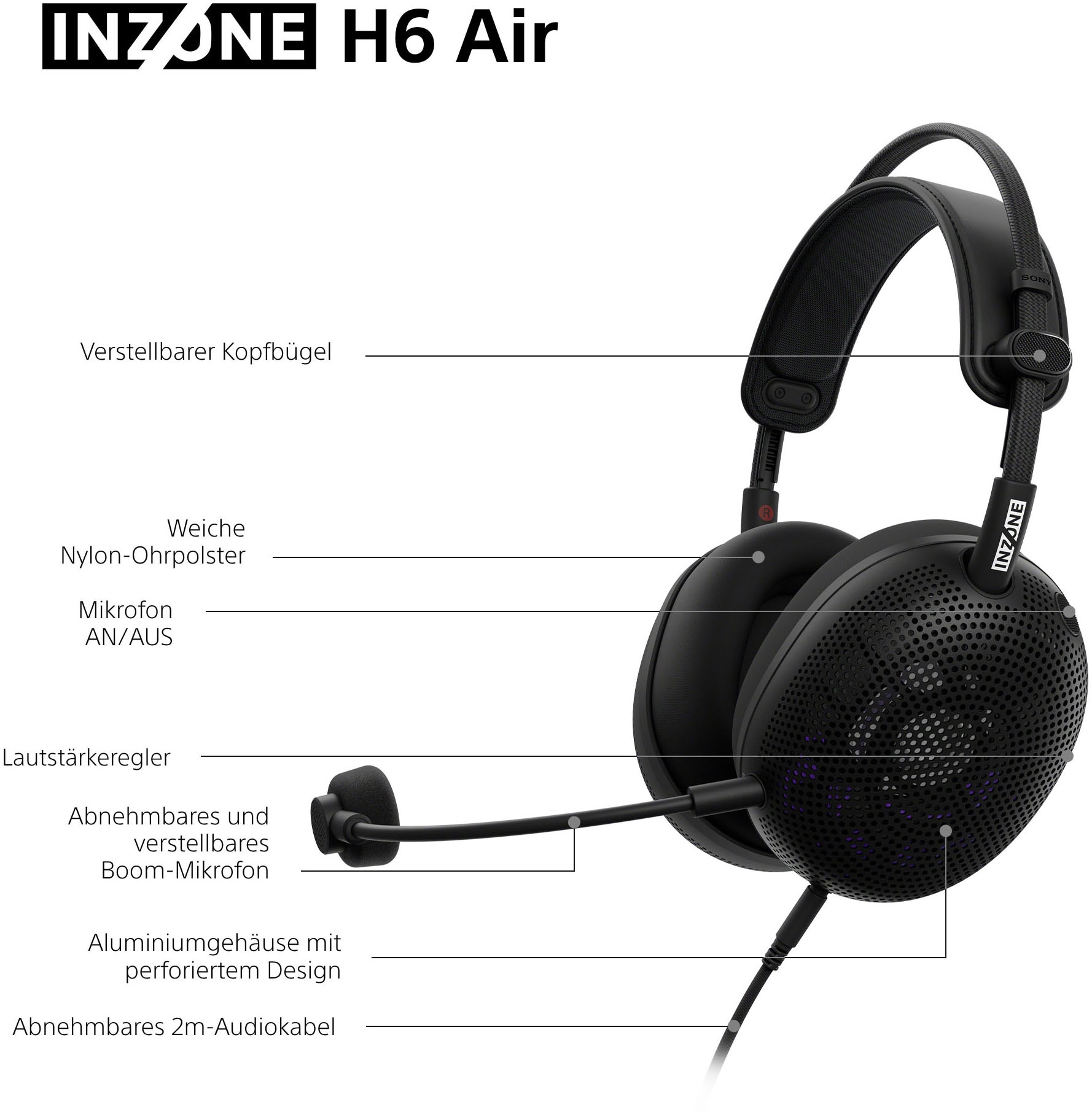 Sony Gaming-Headset »INZONE H6 Air« Stummschaltung 360 Spatial Sound, leichtes 199-g-Design, abnehmbares Bügelmikrofon