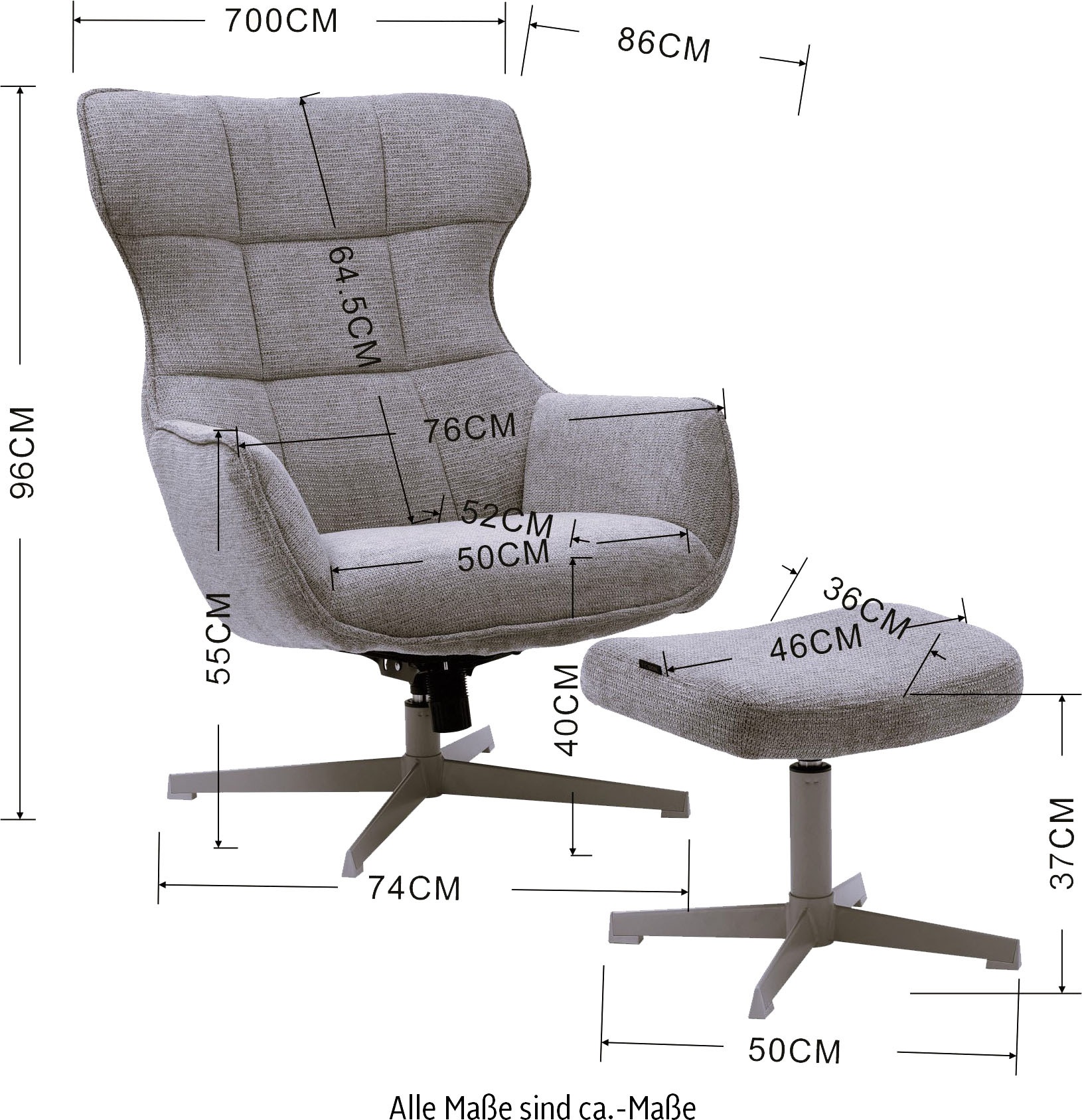 INOSIGN Drehsessel »DEGAN Ohrensessel mit Hocker im Set«, Relaxsessel mit 360-Grad-Drehfunktion u. Hocker, Webstoff
