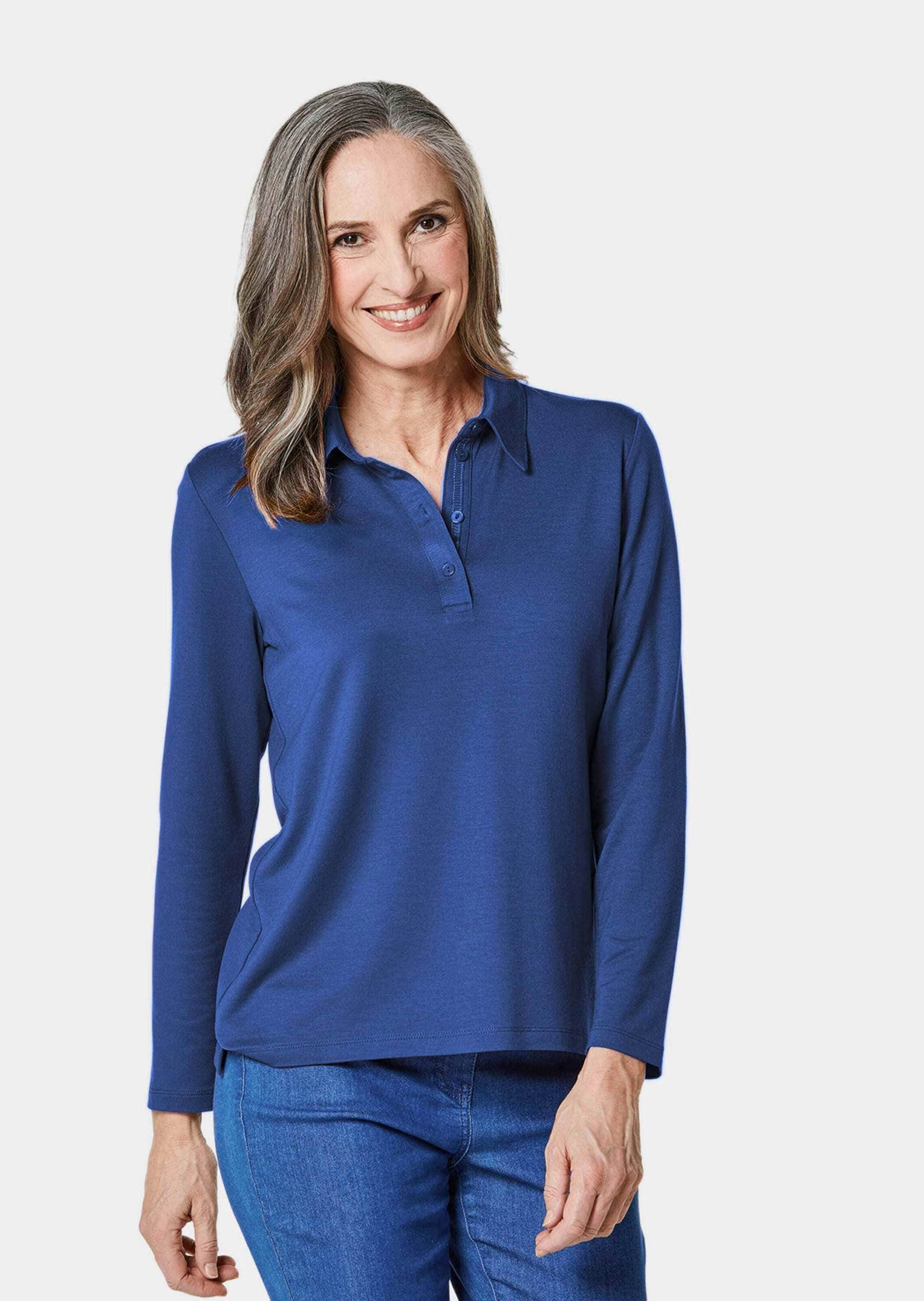 GOLDNER Poloshirt »Poloshirt Langarm Poloshirt mit Schmuckband an Knopfleiste«