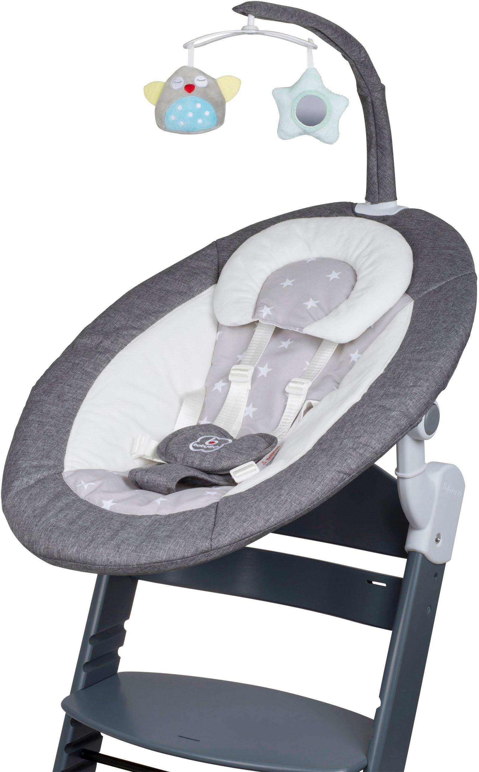 BabyGo Hochstuhl »Family Homey Set, grau/hellgrau« () mit elektrischer Babywippe inkl. Spielbogen
