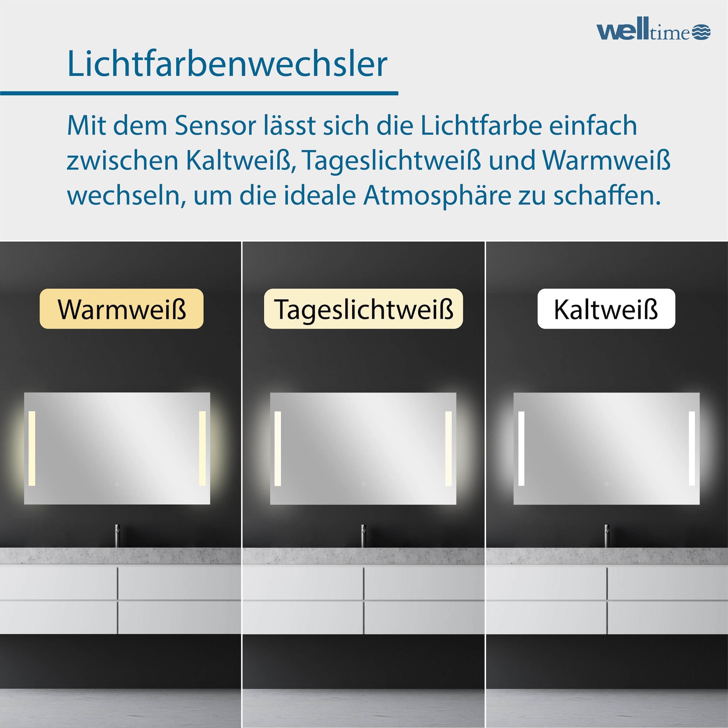 welltime LED-Lichtspiegel »Plaza«, mit Lichtfarbenwechsler und Dimmschalter, in verschiedenen Größen