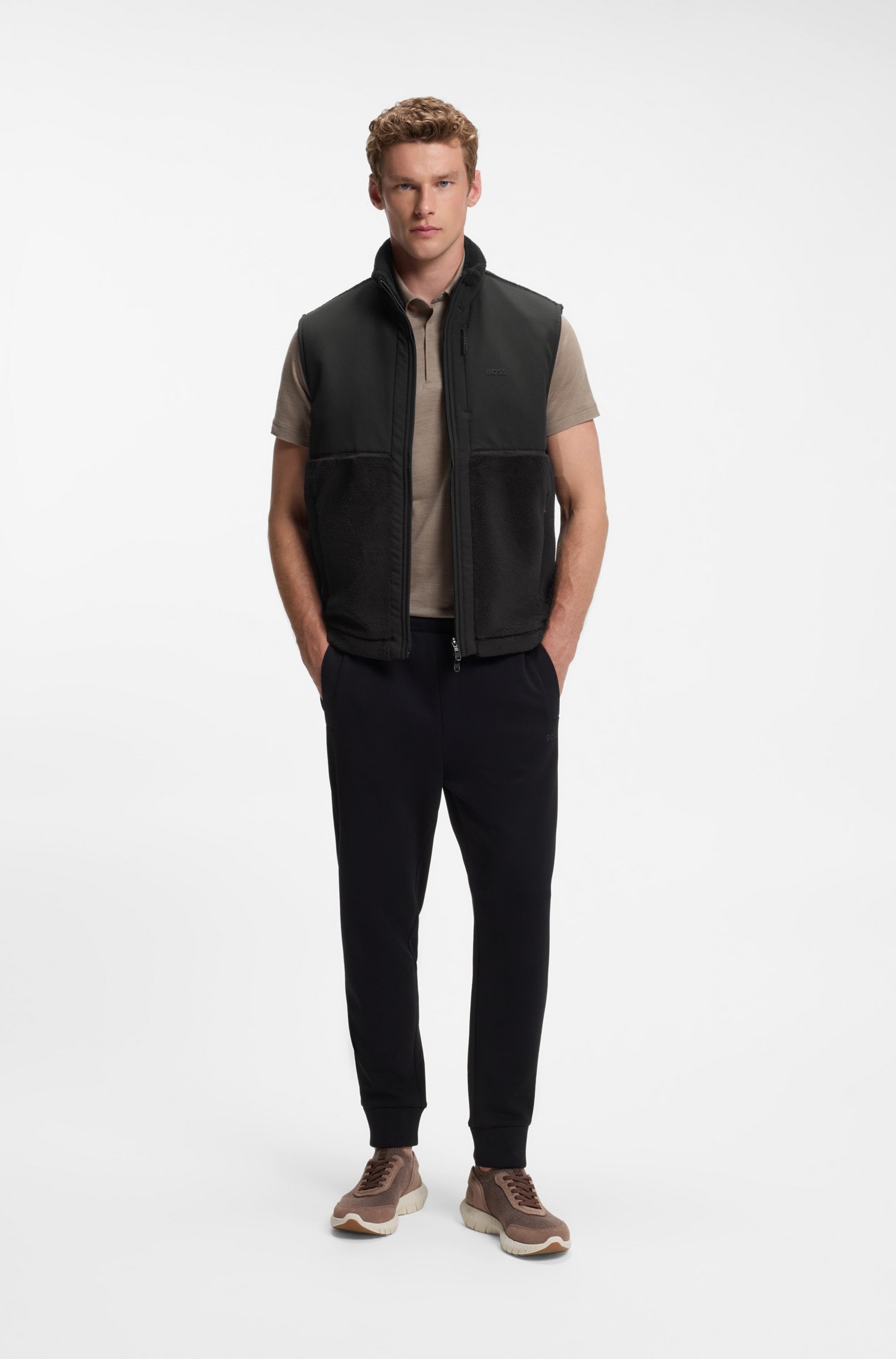 BOSS GREEN Fleeceweste »SW Sveedy« Teddyfleece mit gewebten Kontrastdetails, Relaxed Fit, gesticktes Logo