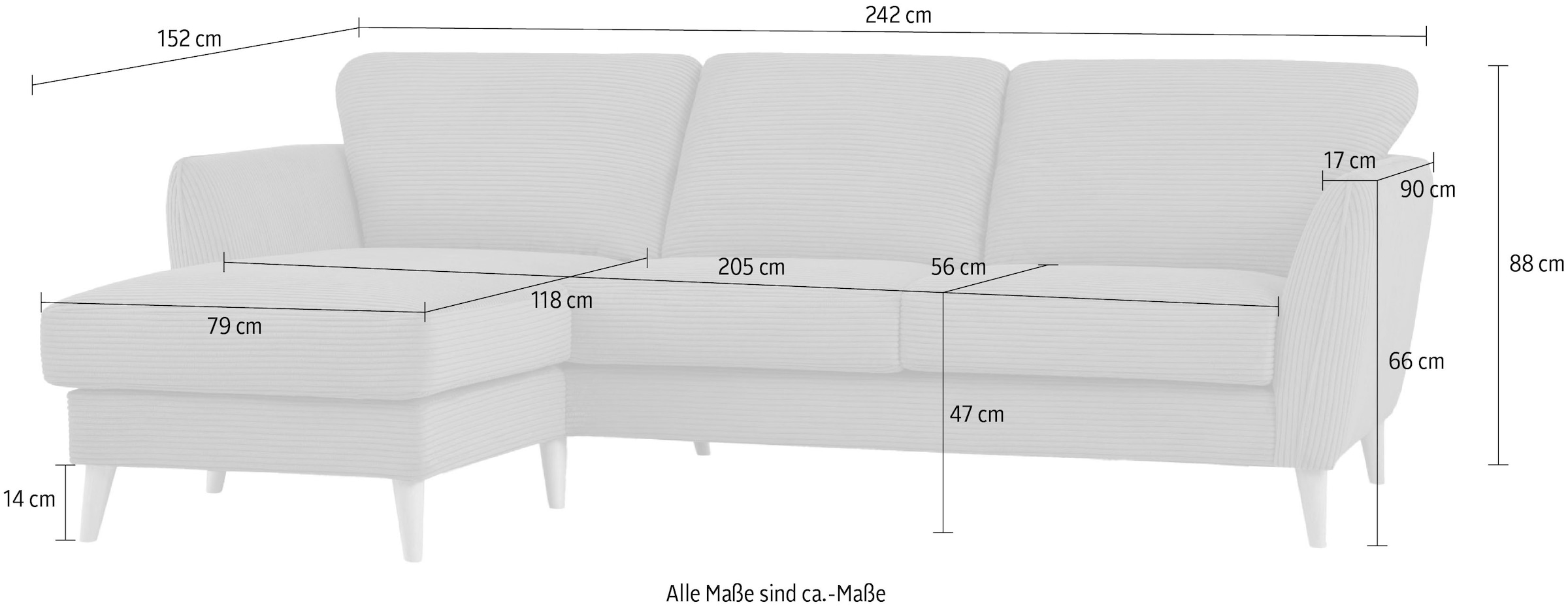 Home affaire Ecksofa »MARSEILLE (242/152cm),L-Form, Rec. rechts/links«, Massivholzbeine aus Eiche, in verschieden Bezügen und Farbvarianten
