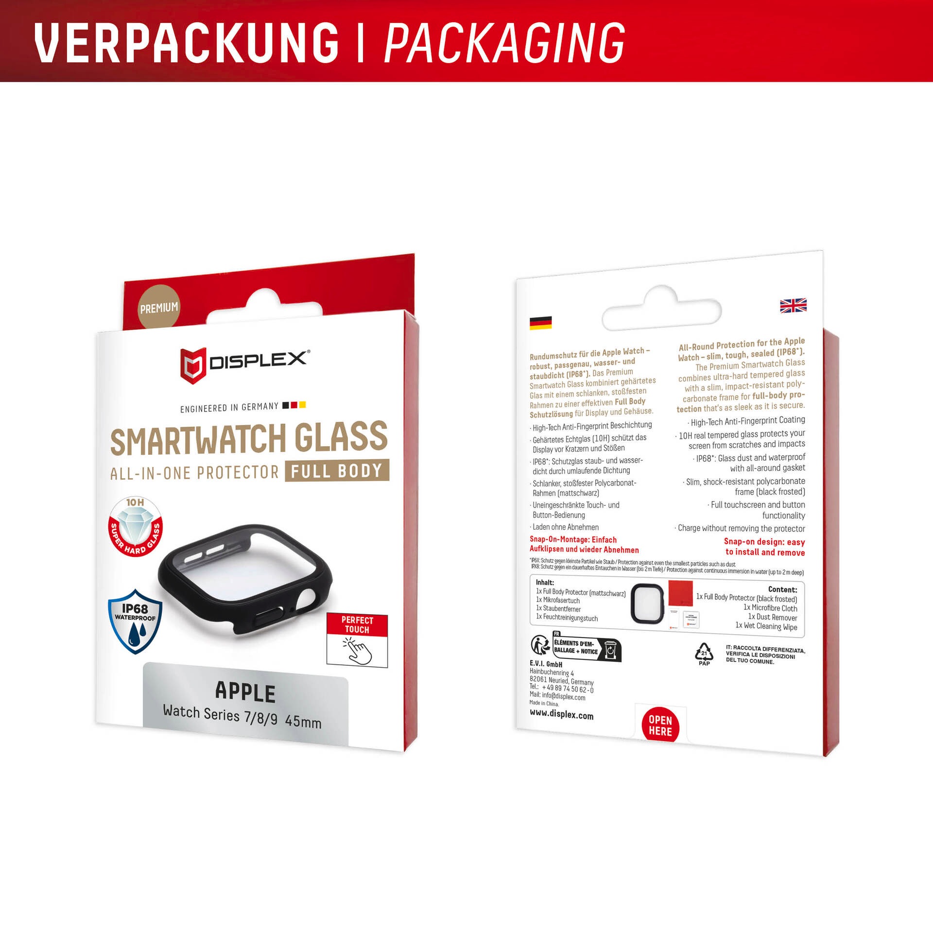 Displex Displayschutzglas »Smartwatch Glass All-In-One Protector Full Body«, für Apple Watch Series 7 45 mm-Apple Watch Series 8 45 mm-Apple Watch Series 9 45 mm, Displayschutzfolie, Schutzfolie, Bildschirmschutz, kratz- & stoßfest