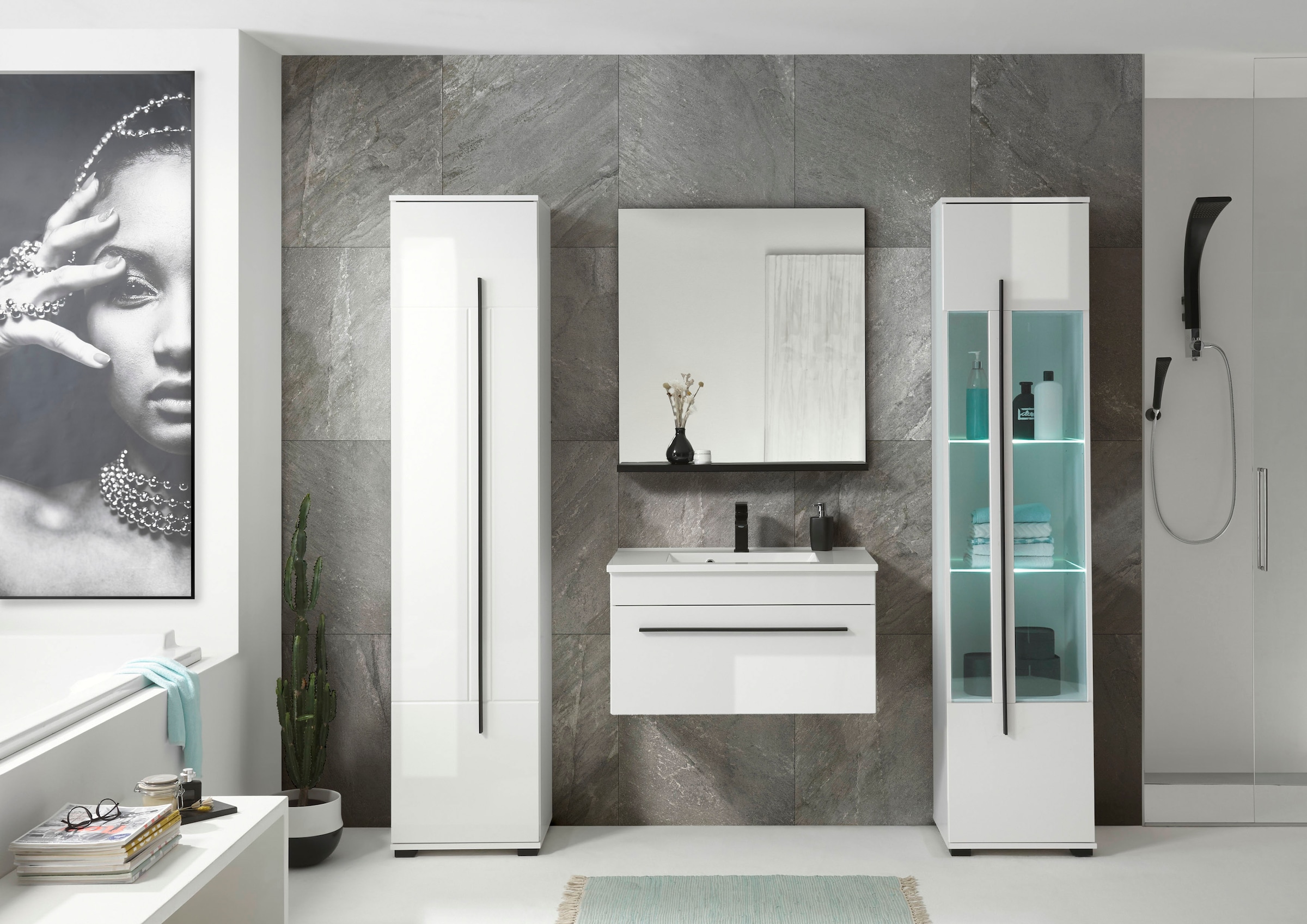 Home affaire Hochschrank »Cantara, Badschrank in Hochglanz Weiß, Hochschrank im modernen Design« mit schwarzen Griffen, ausreichend Stauraum