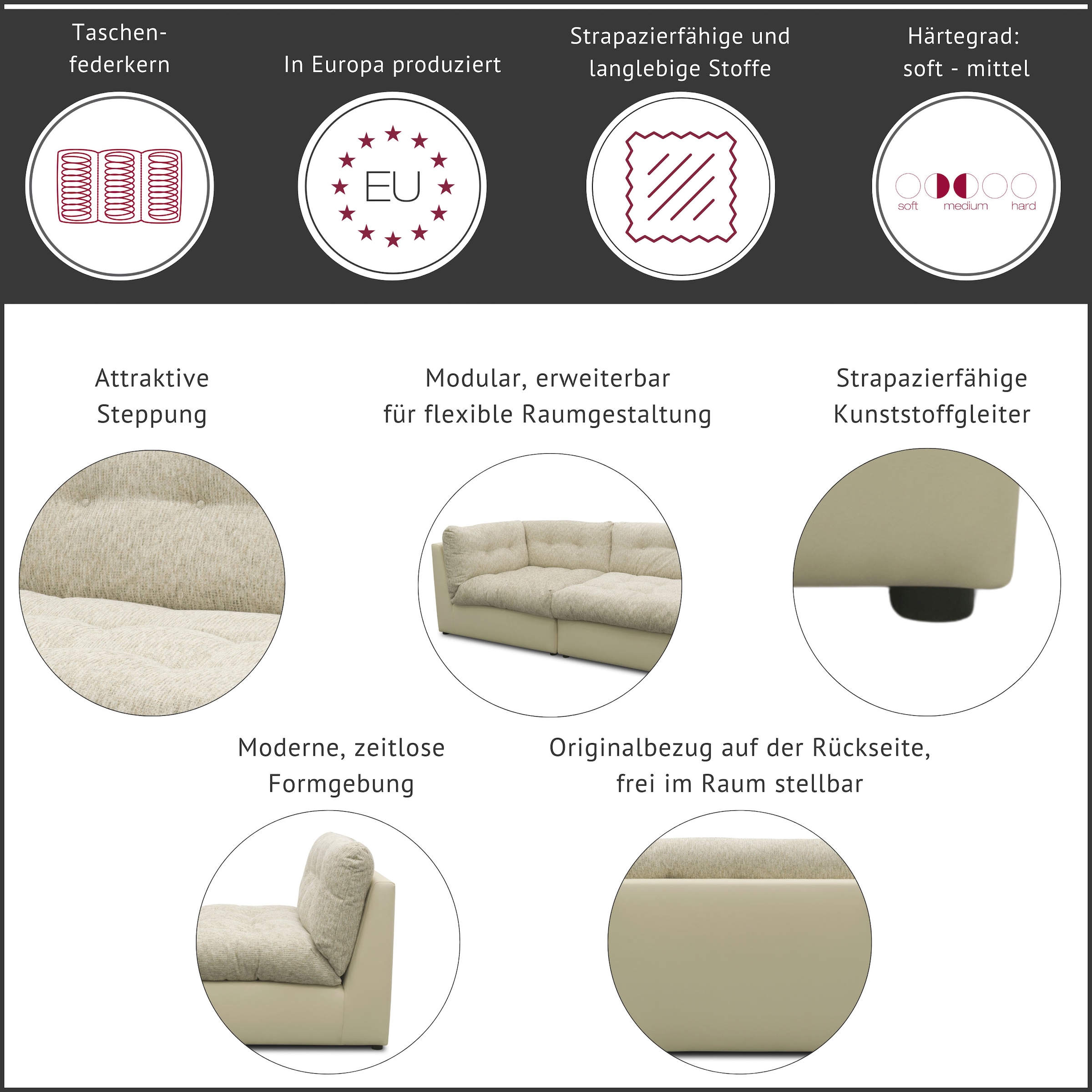 DOMO collection Sofaelement »Caleo, 121 cm breit, modular, großzügige Polsterung« erweiterbar mit weiterem Sofaelement, Einzelsofa und Eckelement