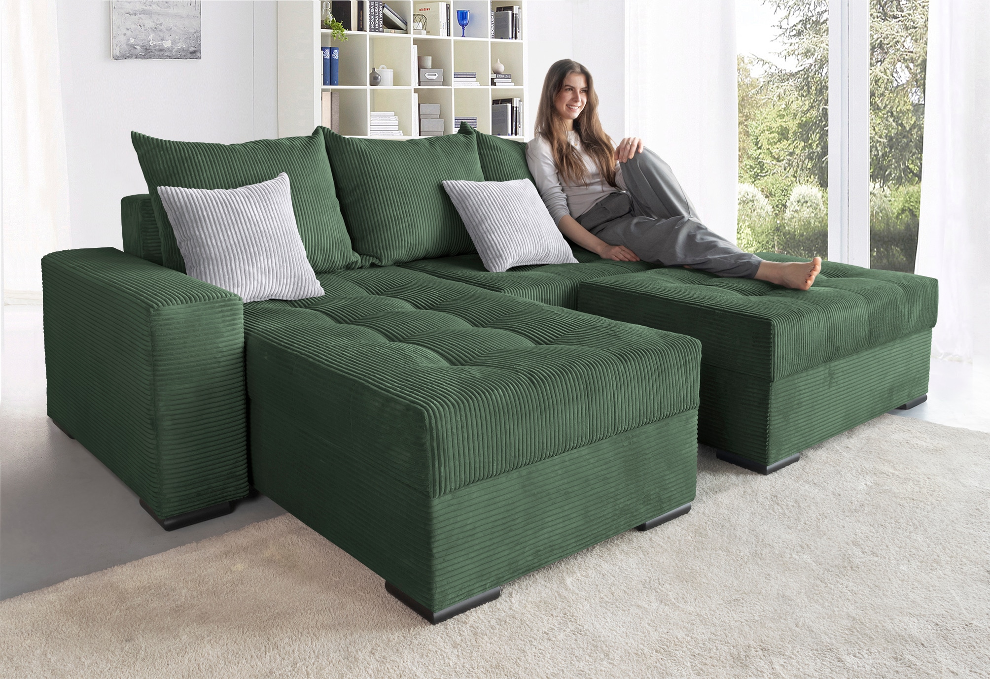 COLLECTION AB Ecksofa »Josy L-Form, B: 214 cm in Cord, Cord-Mix« mit Bettfunktion, Bettkasten & 2 Zierkissen, Federkern