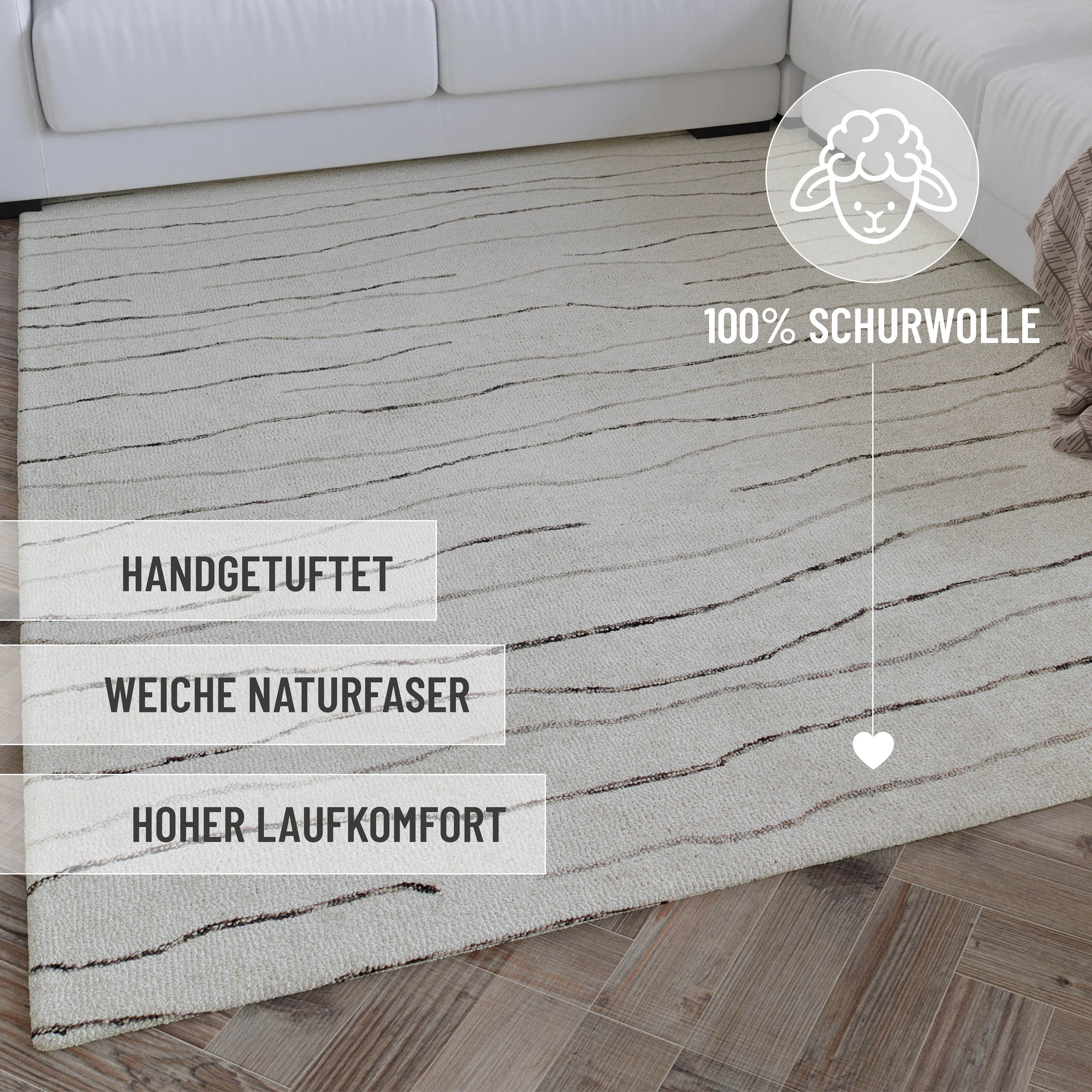 Wecon home Wollteppich »Hamptons ELEVEN«, rechteckig, 10 mm Höhe, Läufer, Schurwolle, Kurzflor, Wohnzimmer, Schlafzimmer, Wellen