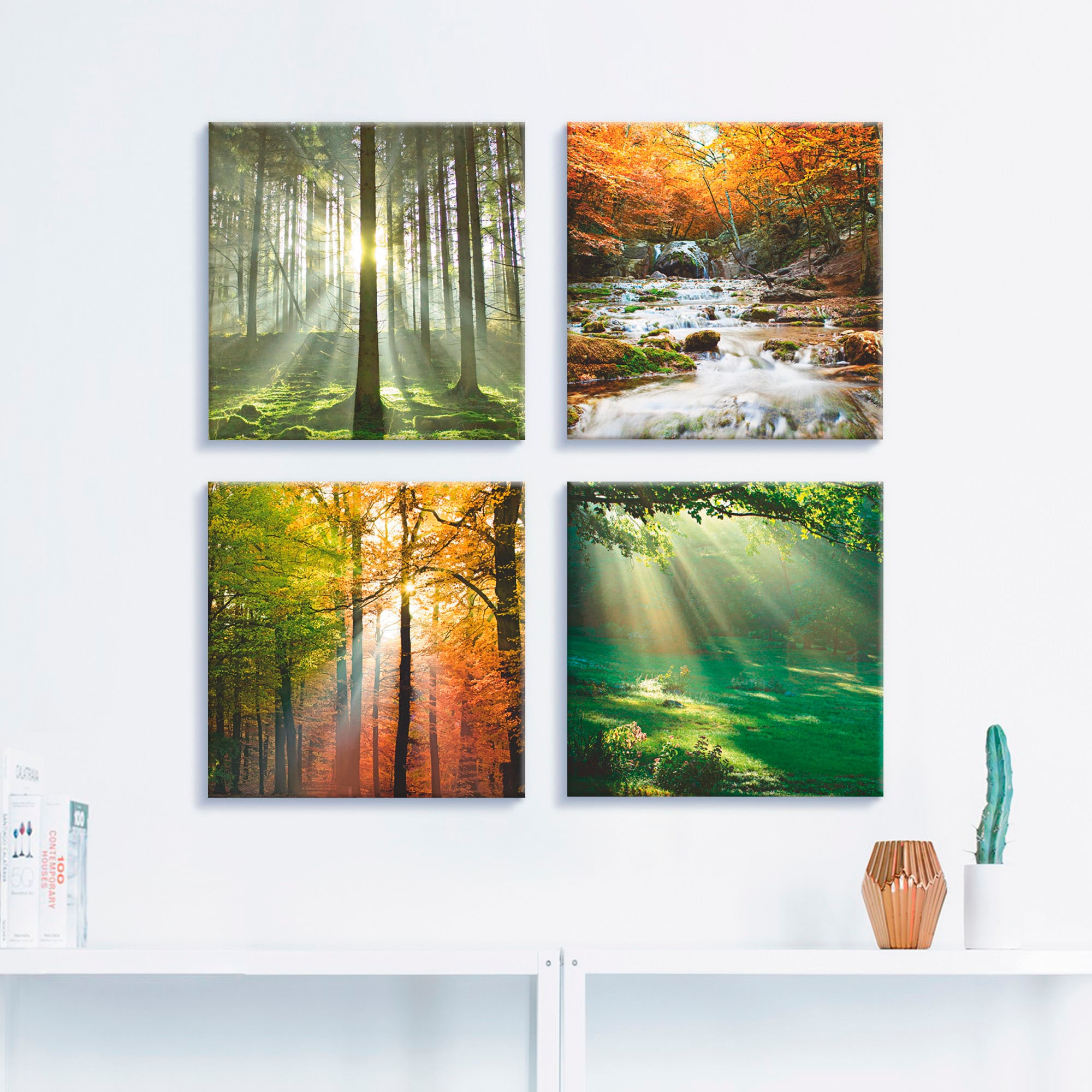 Artland Leinwandbild »Wald Wasserfall Herbsttag«, Wald, (4 St.), 4er Set, verschiedene Größen