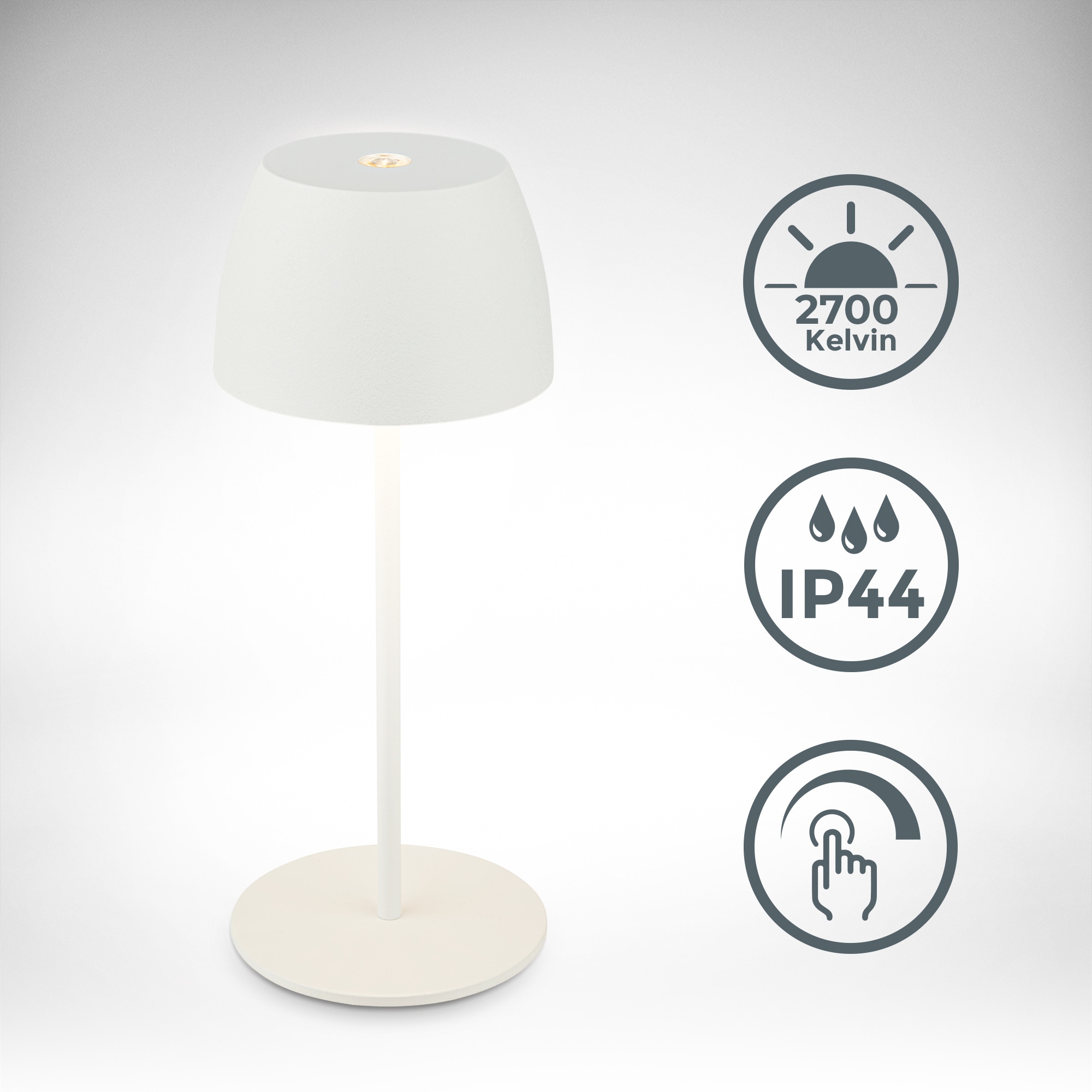 B.K.Licht Außen-Tischleuchte »BK_TL1605 Mini Akku LED Tischlampe, Touchdimmer, mit USB-C« LED-Modul 1 Stk. Extra-Warmweiß 2.700 K, 150 Lm, 2,5W, IP44, Akku wechselbar, 4h-24h Leuchtdauer, Weiß