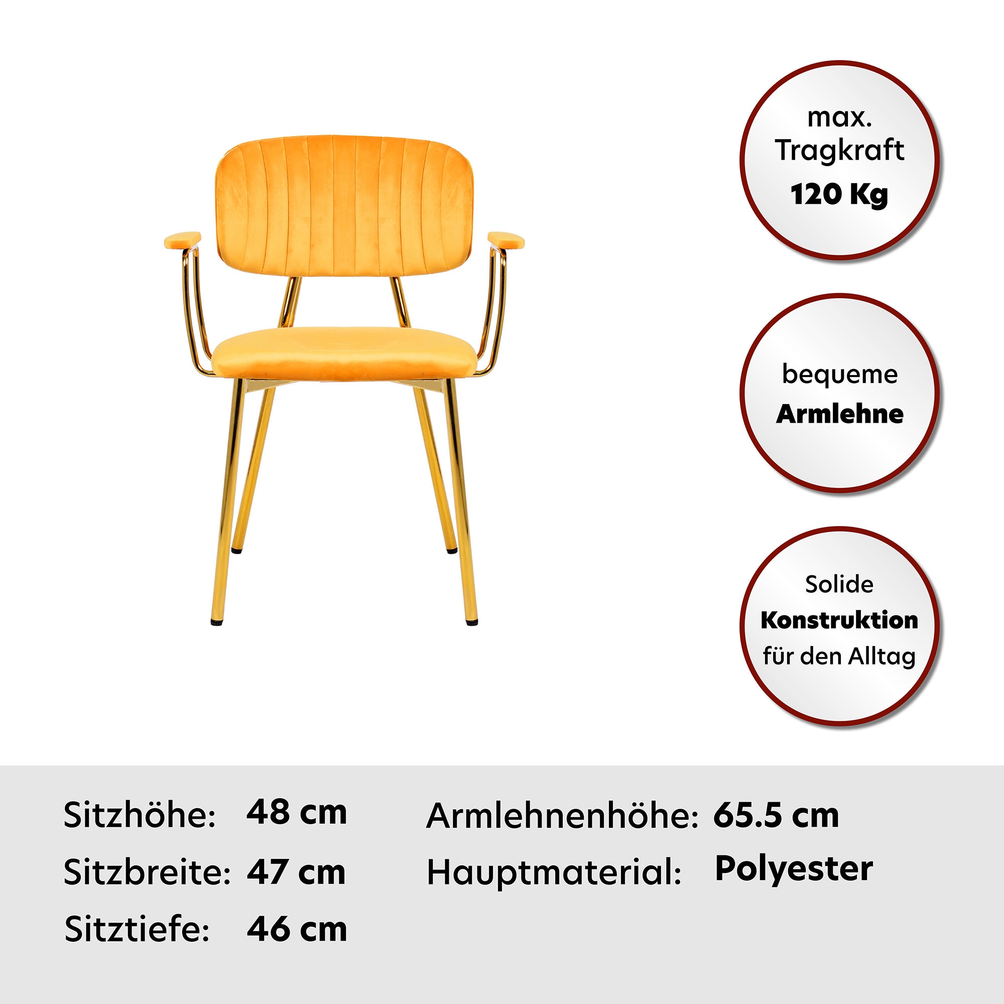 Kayoom Polsterstuhl »Stuhl Giselle 225 2er-Set, Gestell aus Edelstahl« (Set) 2 Stk.mit Armlehnen, goldenes Gestell aus Edelstahl, Samtbezug, Ziernähte