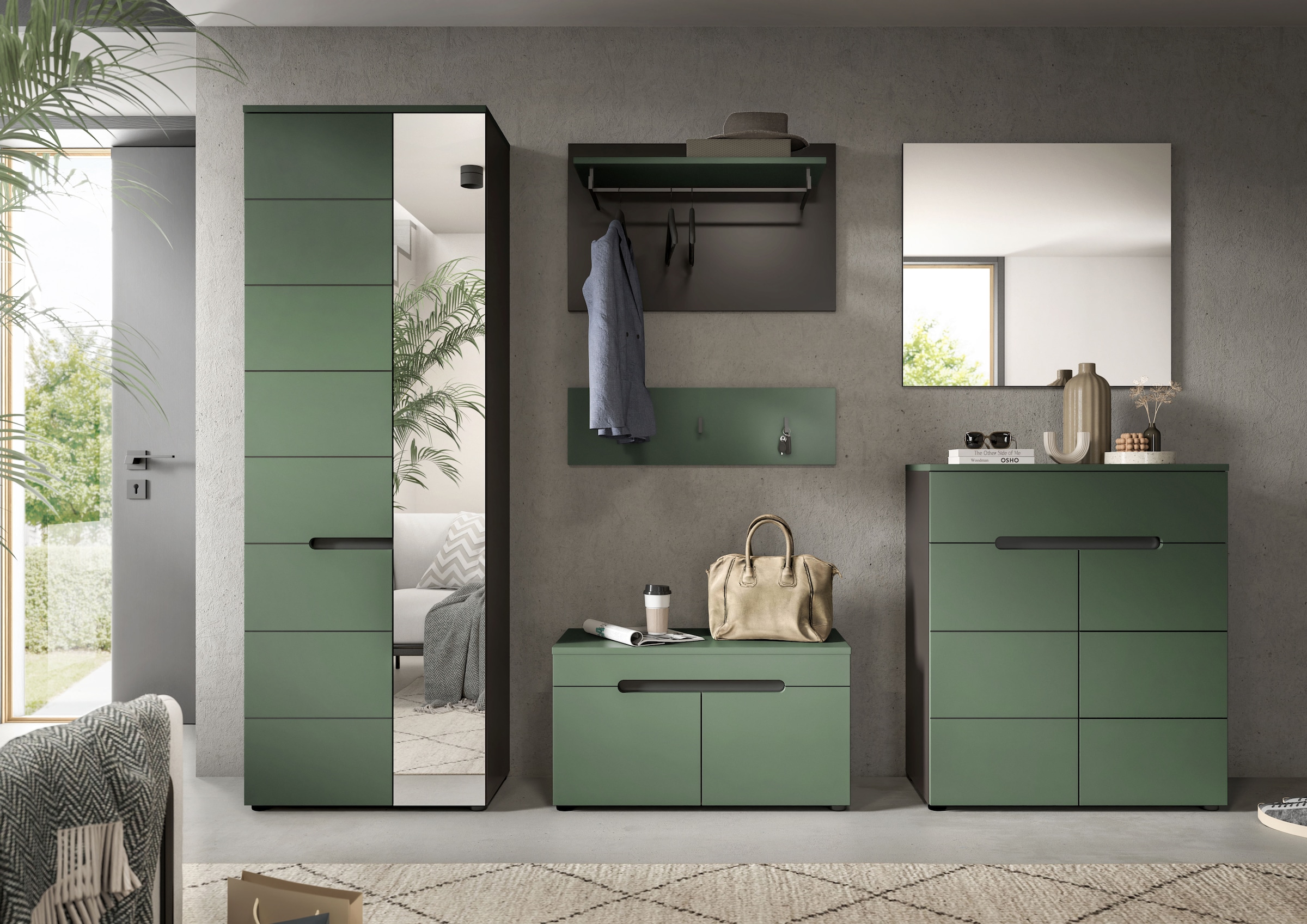 Home affaire Garderoben-Set »Rehat, Garderobenkombination, Breite 255cm« Garderobenschrank, Sitzbank, Paneel, Hakenleiste, Spiegel, Kommode, 6 Stk. tlg.