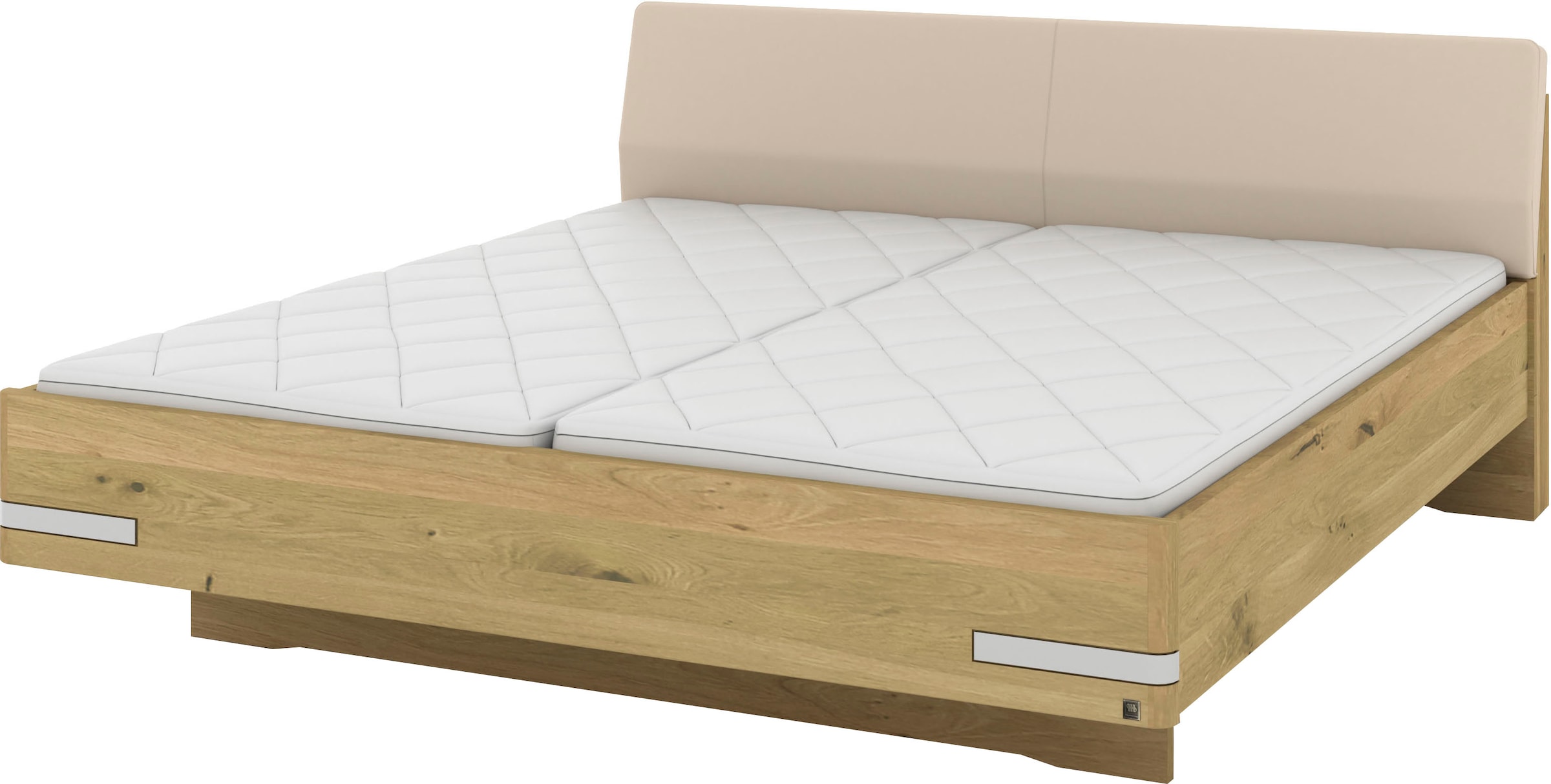 Musterring Holzbett »Savona, Bettgestell, Bettrahmen, teilmassiv Bianco-Eiche«, (Belastbarkeit 220 Kg, 4-fache Liegehöhenverstellung, MADE IN GERMANY), Kopfteil Kunstleder Champagner, Details in Chrom, verschiedene Größen