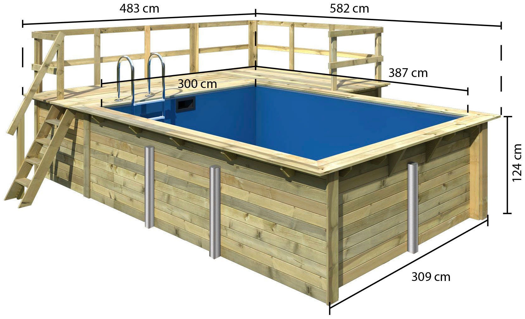 Karibu Rechteckpool »Holzpool Roma B« BxLxH: 353x400x124 cm, kesseldruckimprägniert mit 2 Sonnenterassen