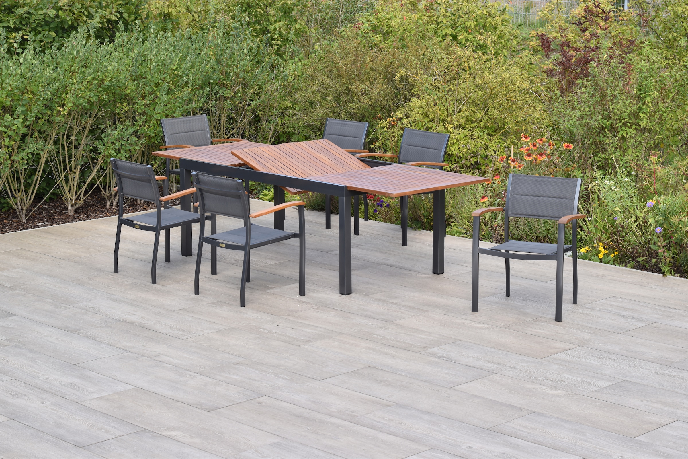 MERXX Garten-Essgruppe »»Paxos««, (Set, 7 tlg., Gepadded, pulverbeschichtetes Aluminiumgestell), Ausziehtisch: LxB: 180-250 x 100 cm