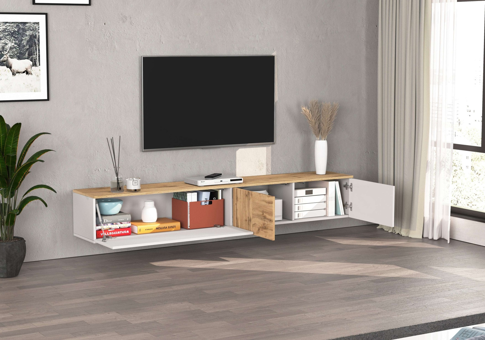 OTTO home Lowboard »ISEO, TV-Kommode,TV-Möbel,TV-Bank, 3 Fächer, Breite 200 cm« 1 Stk. tlg. stehend/hängend, 1 Klappe, 2 Türen Hochglanz lackiert, Made in Italy