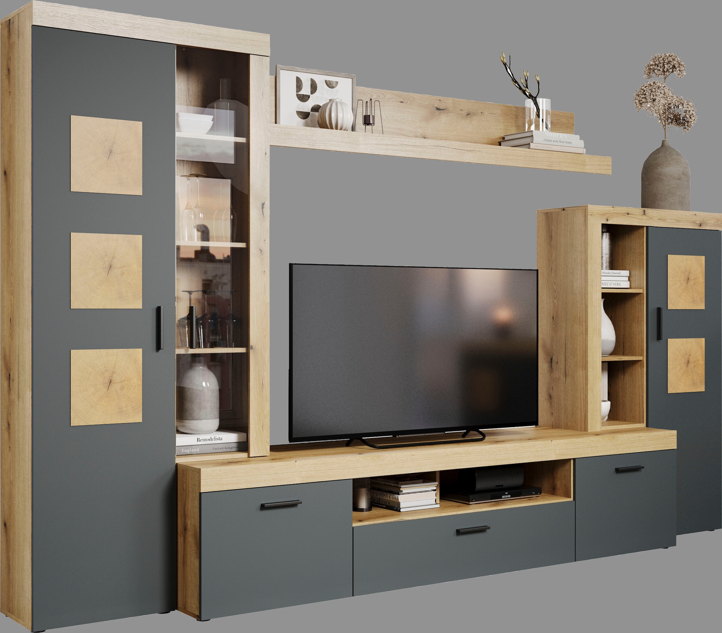 Home affaire Wohnwand »Ghent«, (Komplett-Set, 4 St.), Mit Hirnholzapplikationen - Aufgebaut (B/T/H): 331/52/206 cm