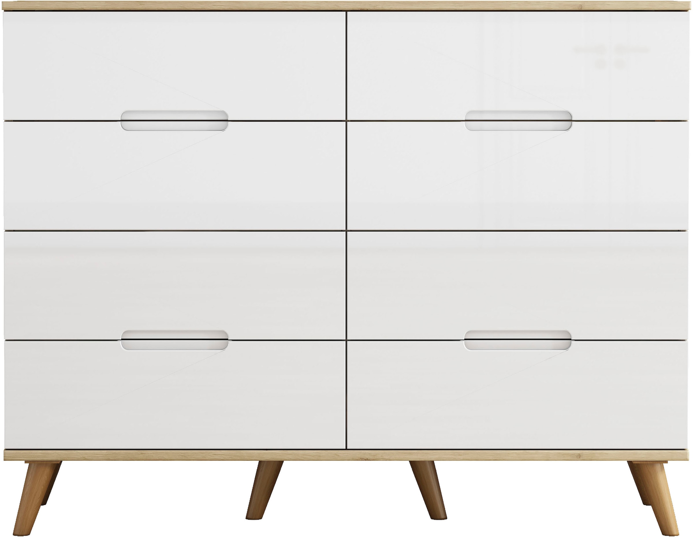 OTTO home Kommode »Lund« mit glänzenden Fronten, Griffmulden, helles Holzdekor, Breite 120 cm