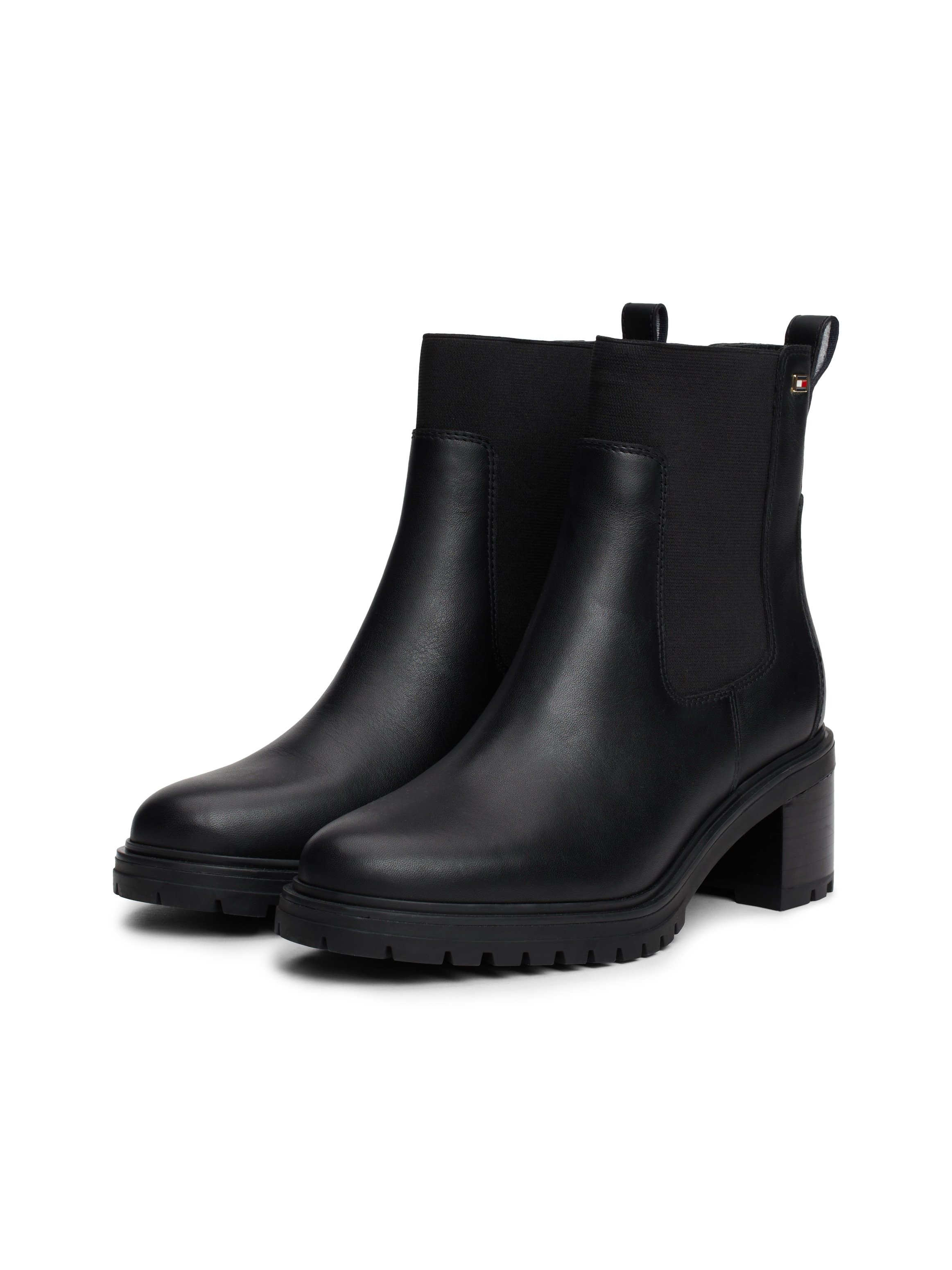 Tommy Hilfiger Chelseaboots »FLAG MID HEEL LEATHER CHELSEA«, Blockabsatz, Stiefelette, Schlupfboots mit seitlicher Logoflag