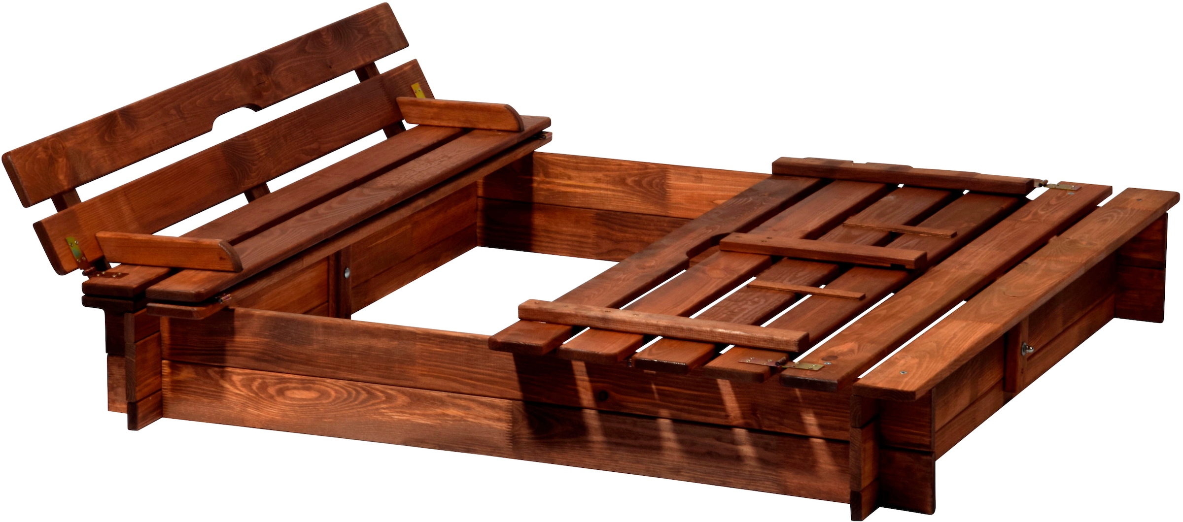 Sandkasten aus dunklem Holz mit Sitzbank