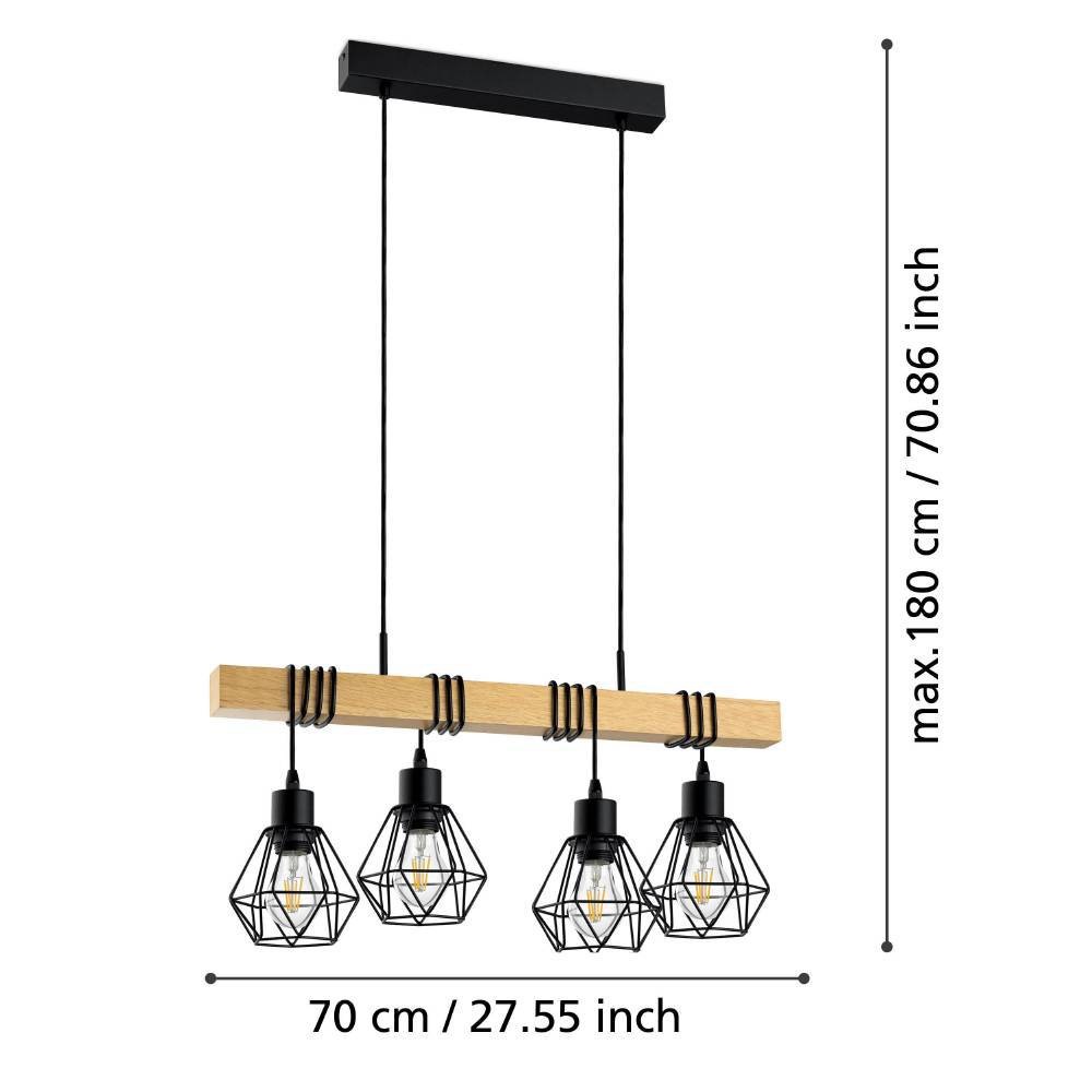 EGLO Hängeleuchte »TOWNSHEND 5, Hängelampe, Stahl und Holz, E27, IP20, Pendellampe, Lampe«, 4 flammig, Leuchtmittel E27 | ohne Leuchtmittel, Hängeleuchte, L70 x B20 x H110 cm, schwarz, braun, 4X60W exkl.