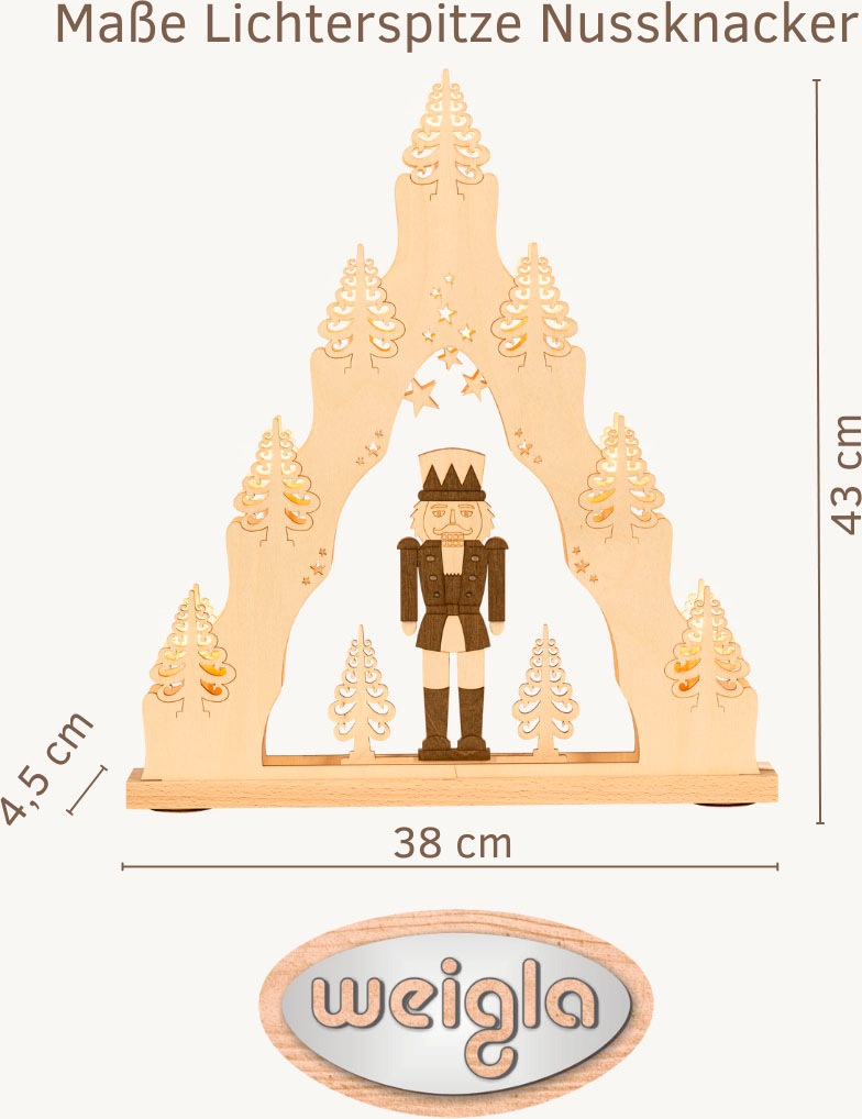 Weigla Schwibbogen »Nussknacker, Lichterspitze aus Holz, NATUR-BRAUN«, Erzgebirge garantiert, Weihnachtsdeko Innen, Weihnachtsbeleuchtung