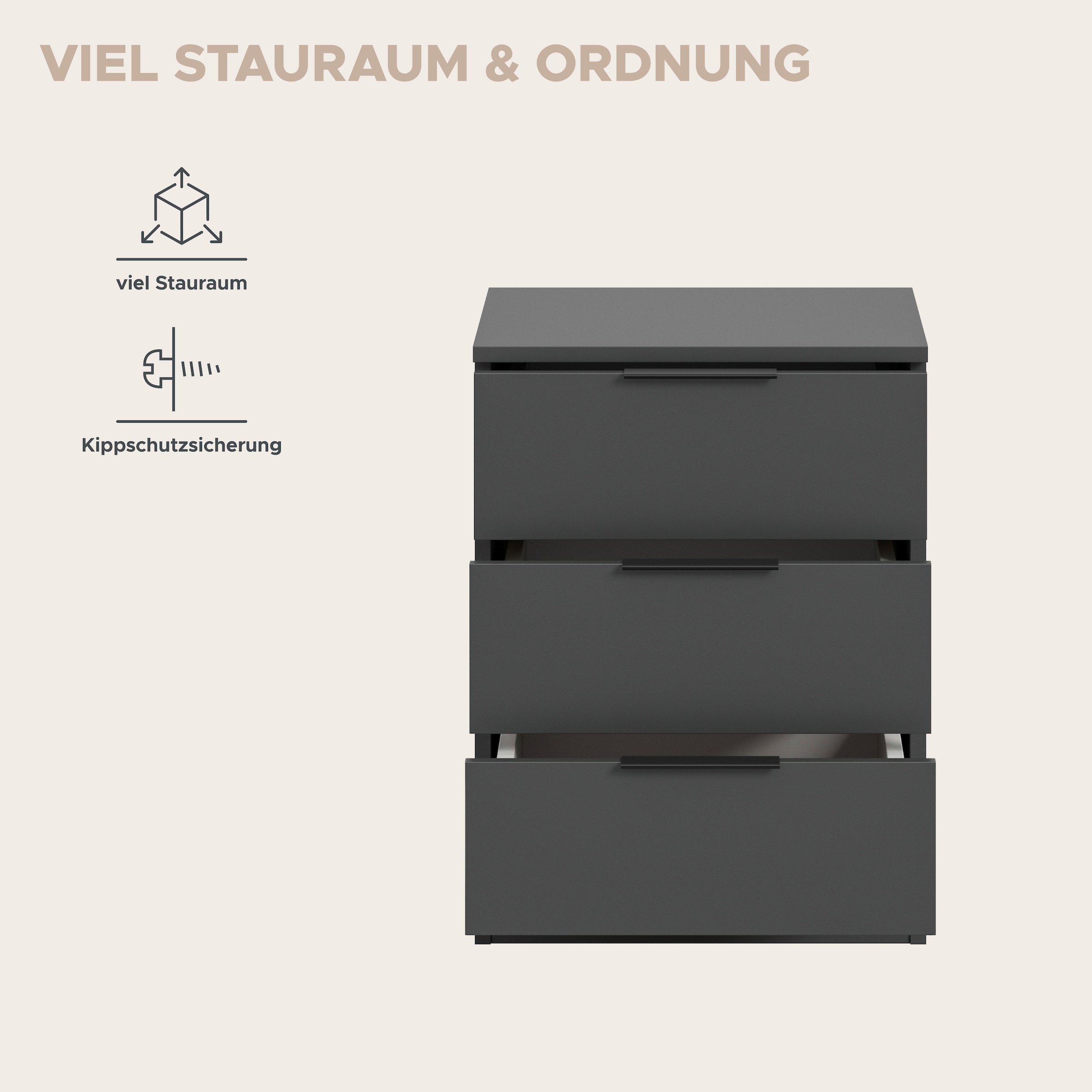 Home affaire Nachtkommode »Skarde Nachttisch Beistelltisch Kommode, Breite: 45 cm« 1 Stk. tlg. Skarde, Nachtkommode, 3 Schubkästen, anthrazit