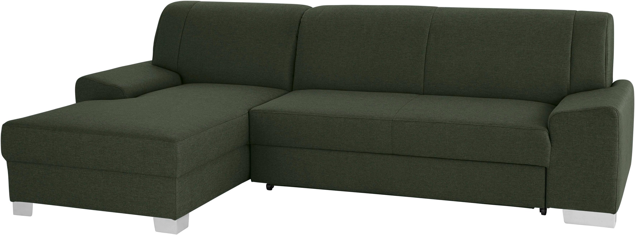 DOMO collection Ecksofa »Anzio L-Form, whlw. Bettfunktion, Federkern, hochwertig, Breite 271 cm«, Ohne Bettfunktion, Recamiere links, Struktur fein, dunkelgrün