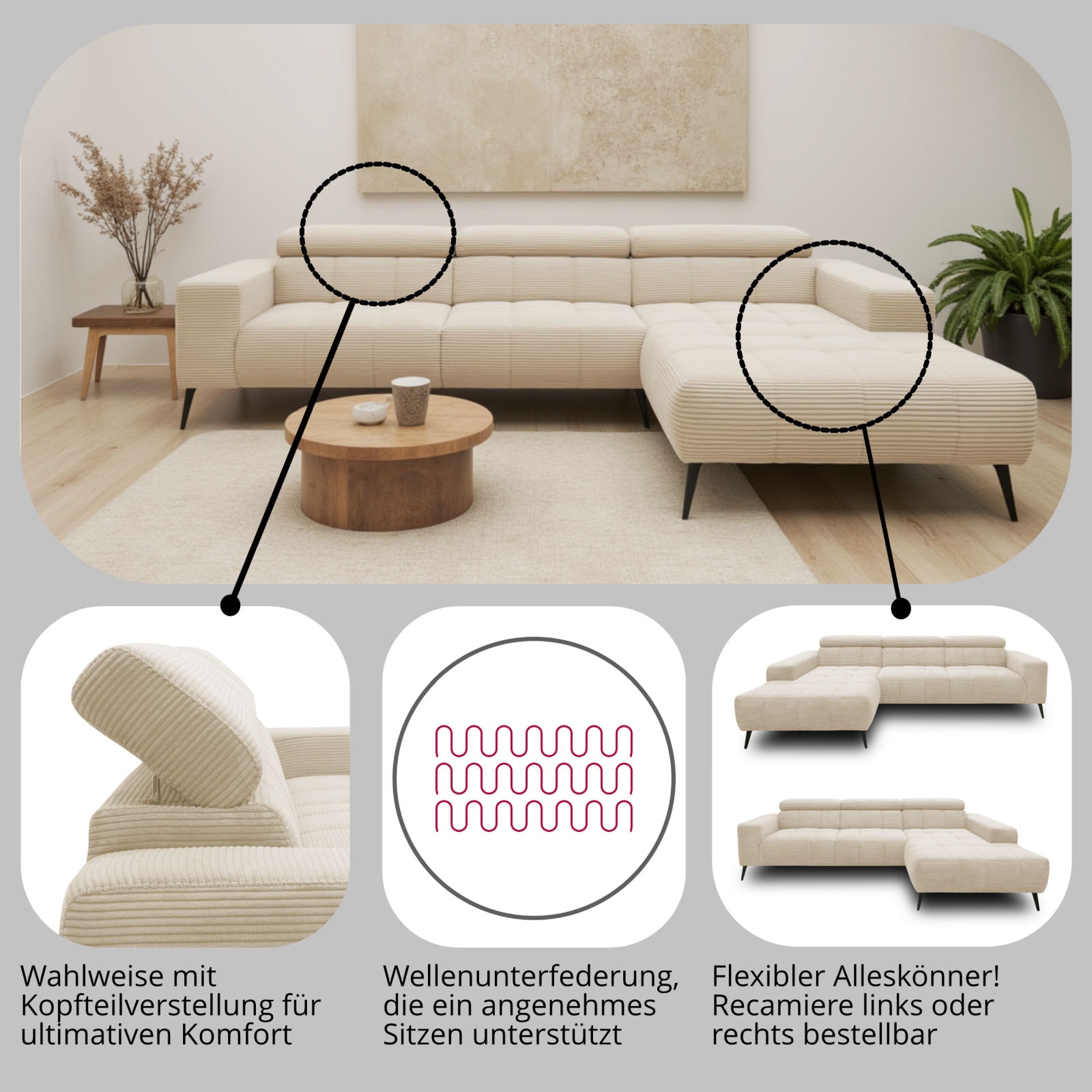 DOMO collection Ecksofa »Trento L-Form, mit Kufenfuß oder Einzelfuß« wahlweise mit Kopfteilverstellung, Recamiere links/rechts bestellbar