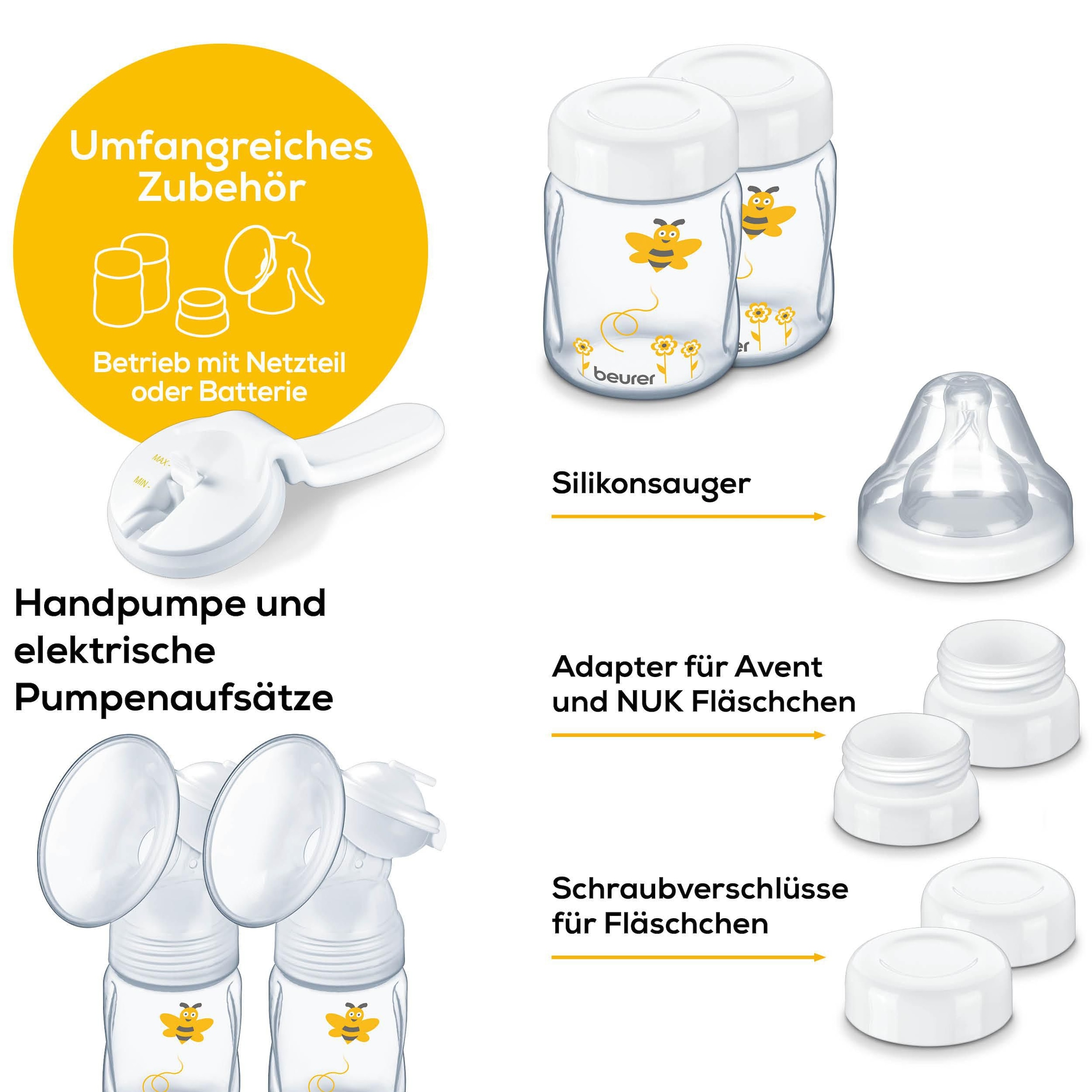 BEURER Elektrische Doppelmilchpumpe »BY 70 inkl. Handpumpe«, Für beid- und einseitiges Abpumpen geeignet, 10 Stimulationsstufen