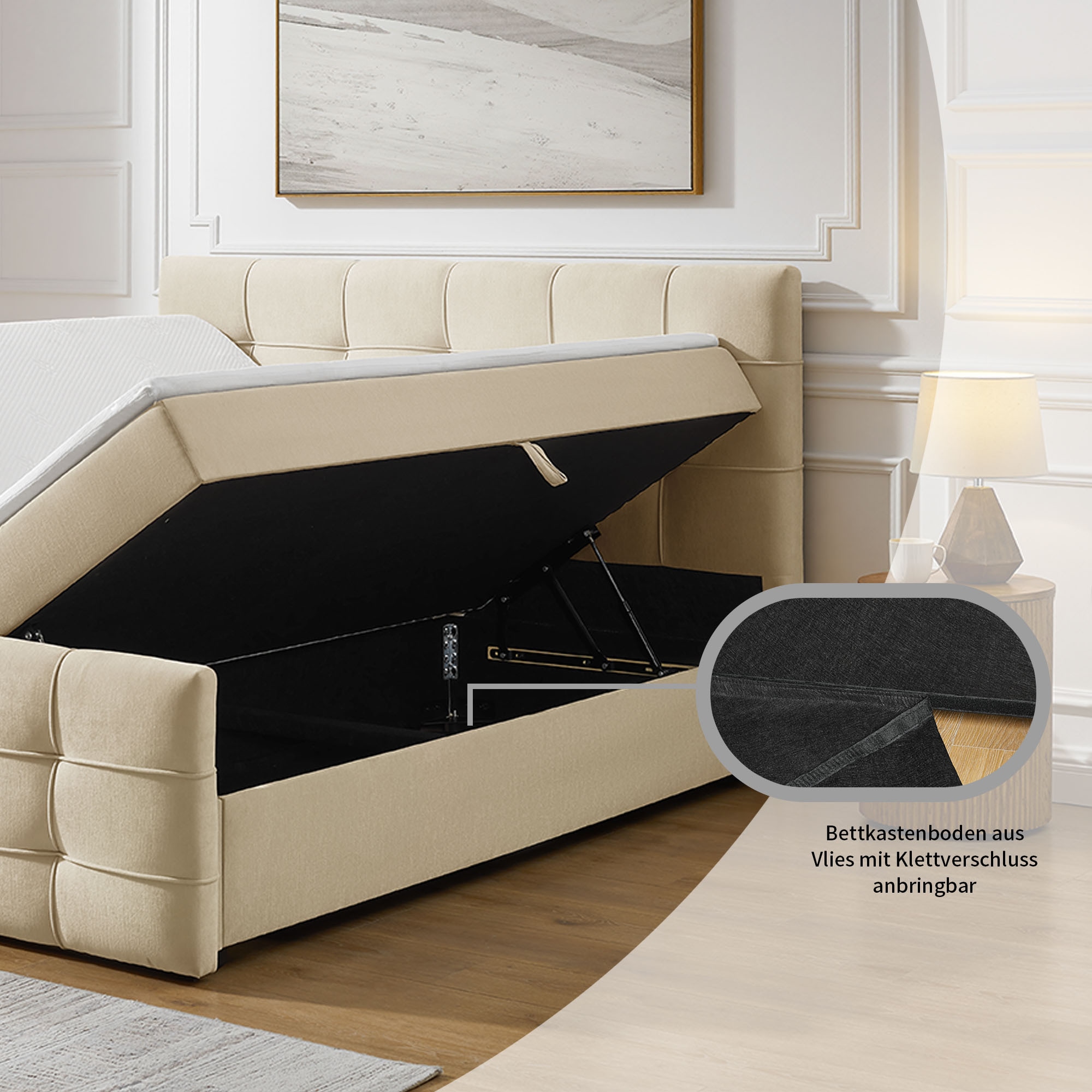 OTTO home Boxbett »LILIENNE, Polsterbett mit Bettkasten und Taschenfederkernmatratze H3« mit Kaltschaumtopper, Chenille-Bezug, 160x200 & 180x200 cm