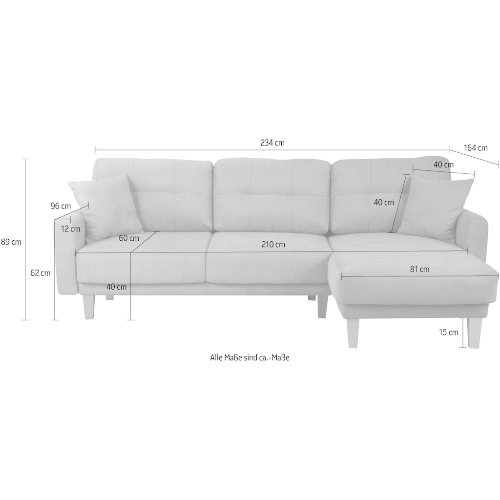 Home affaire Ecksofa »Triplo, Zierkissen, Schlaffunktion, B/T/H: 234/164/89 cm, L-Form«