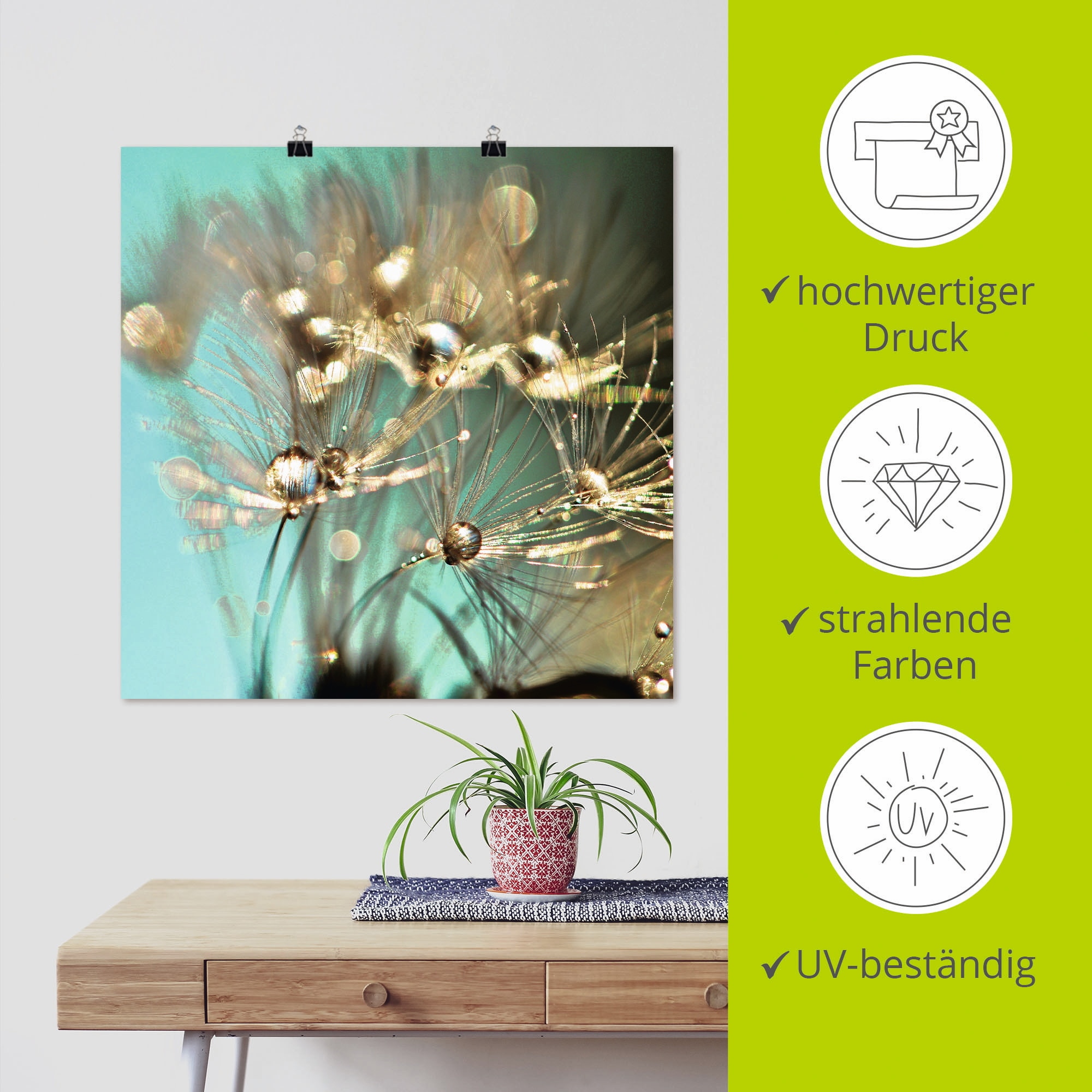 Artland Wandbild »Pusteblume glänzendes Gold« 1 Stk. tlg. als Alubild, Outdoorbild, Leinwandbild, Poster, Wandaufkleber