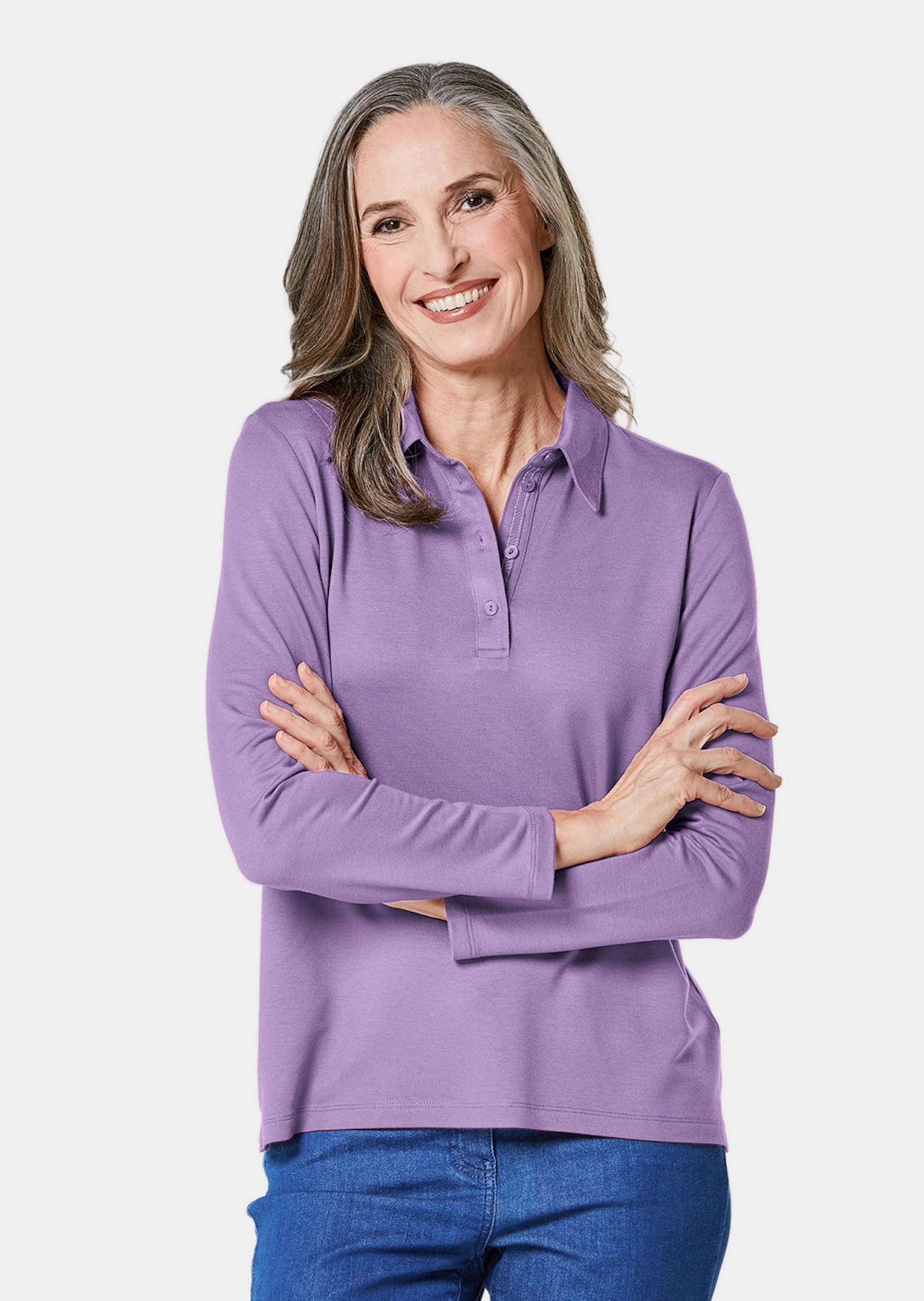 GOLDNER Poloshirt »Poloshirt Langarm Poloshirt mit Schmuckband an Knopfleiste«