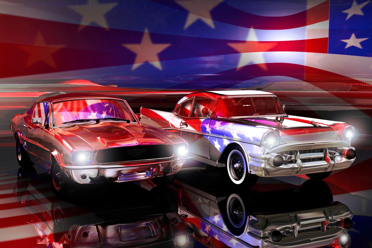 Papermoon Fototapete »Amerikanische Autos, Flagge«