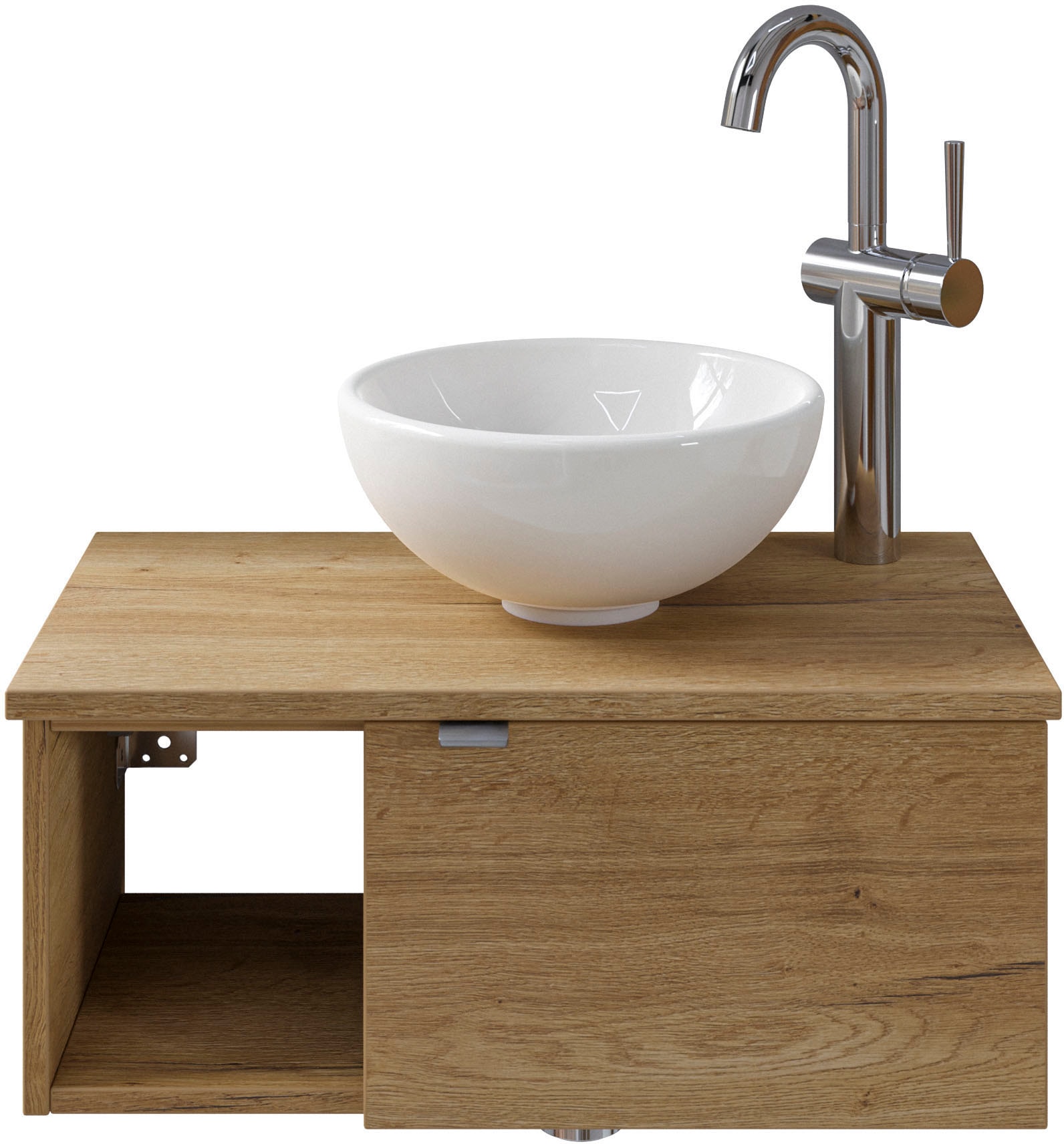 Saphir Waschtisch "Serie 6915 Waschschale mit Unterschrank für Gästebad, Gäste WC" Keramik-Aufsatzbecken, Waschtischplatte, Waschtischunterschrank, 3 Stk. tlg. 61 cm breit, 1 Tür, offenes Fach, kleine Bäder, ohne Armatur