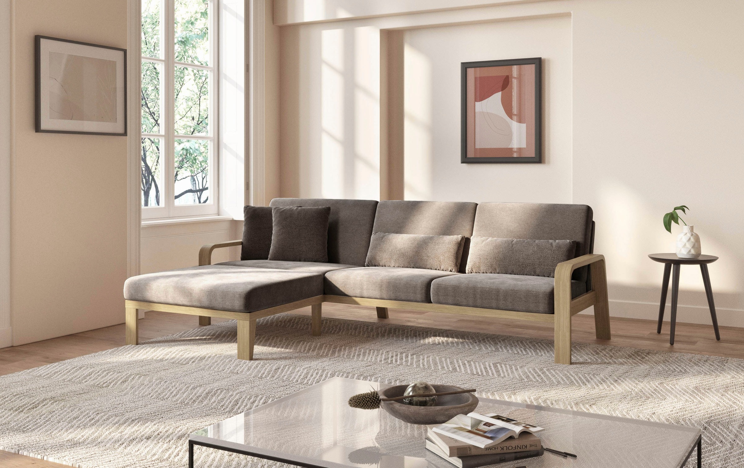 sit&more Ecksofa »Kolding L-Form«, Armlehnen aus Buchenholz in natur, verschiedene Bezüge und Farben