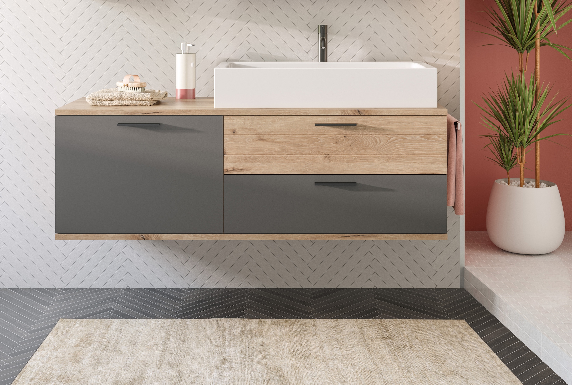 INOSIGN Waschtisch-Set »Riga, Breite 140 cm, inkl. Aufsatzwaschbecken, 2 Schubkästen, 1 Tür«, (Set, 1 St.), Hängeschrank, Unterschrank, Badmöbel, Badschrank, Schrank, Bad