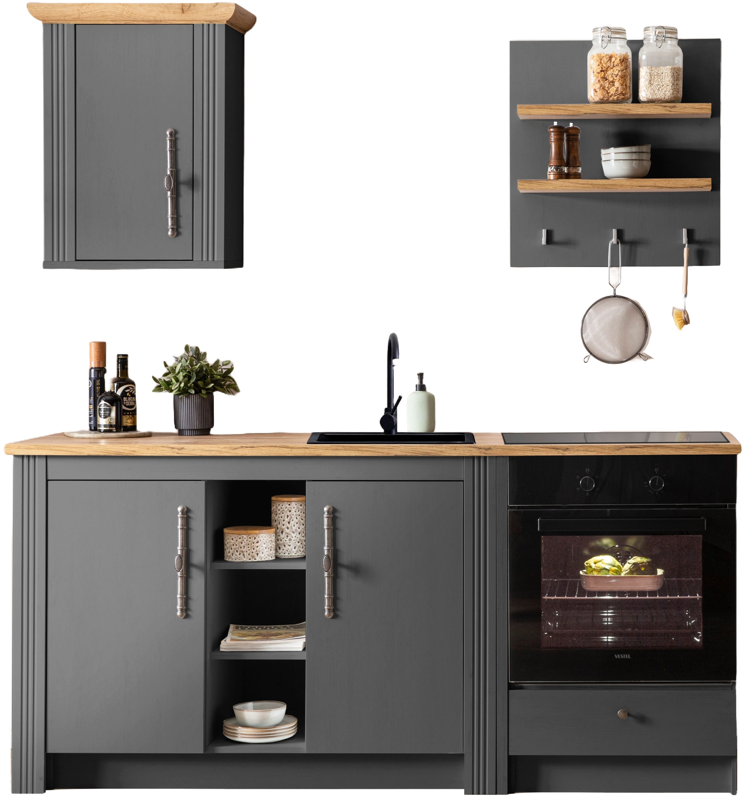 OTTO home Küchenzeile "KS-Westminster, Pantryküche im Landhaus Stil, hochwertige Metallgriffe" Set, Breite 194 cm, Kommode, Wandpaneel, Hängeschrank und Herdumbau