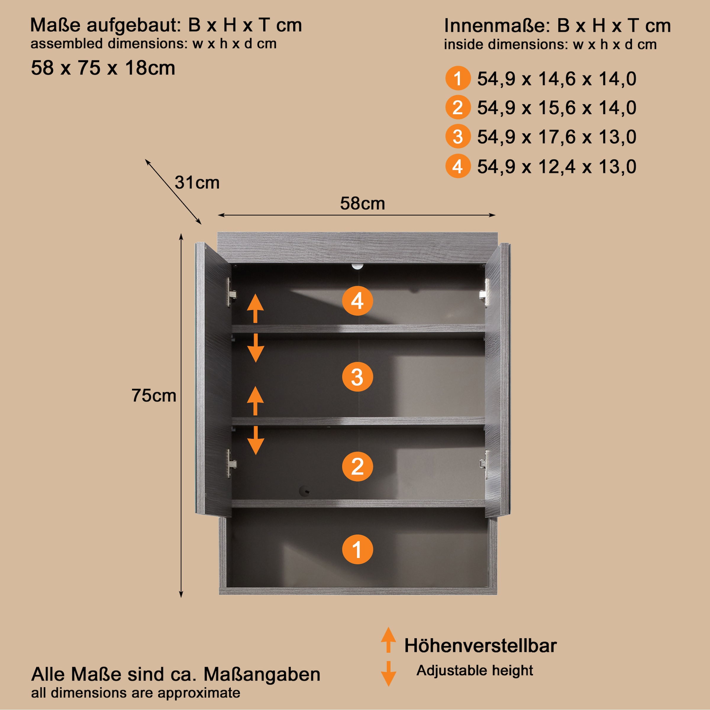 welltime Spiegelschrank »Royan«, Spiegelschrank mit 2 Türen & 1 Fach - (B/T/H) 58/18/75 cm