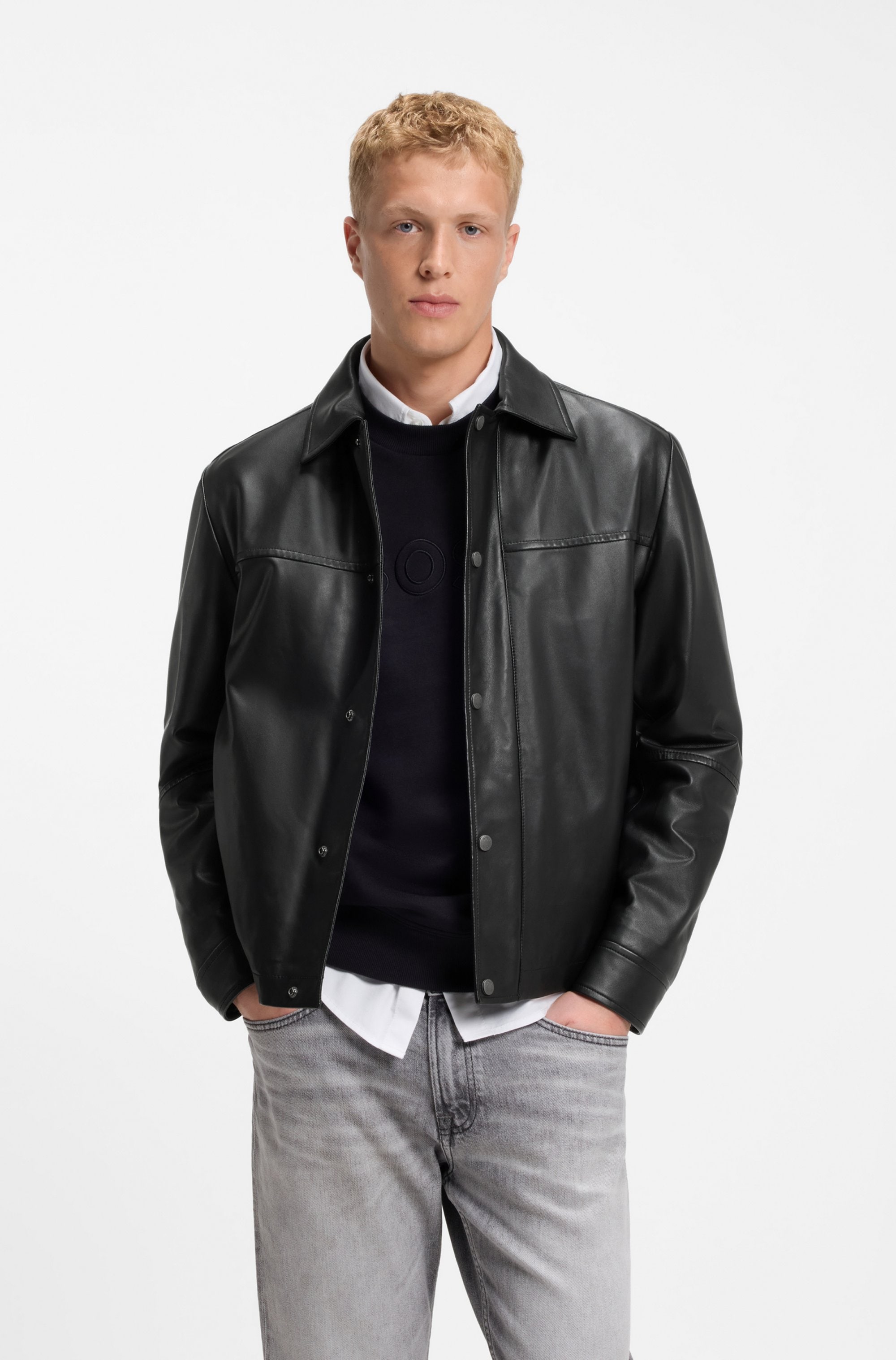 BOSS ORANGE Lederjacke »Joban« Glattes Nappaleder, Regular Fit, Metall-Schriftzug
