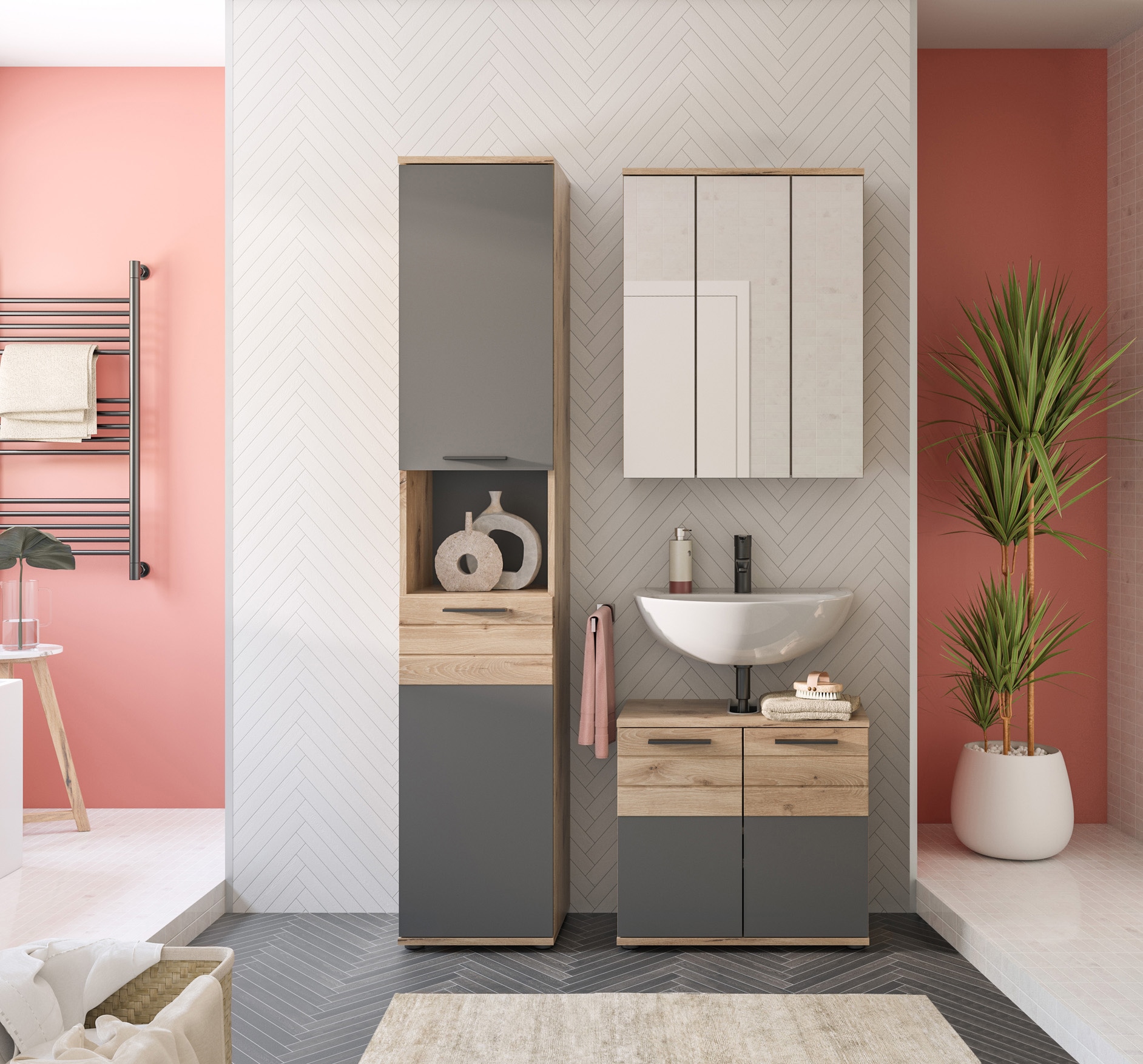 INOSIGN Badmöbel-Set »Riga, 3 teilig, bestehend aus:«, (Set), Hochschrank, Waschbeckenunterschrank, Spiegel