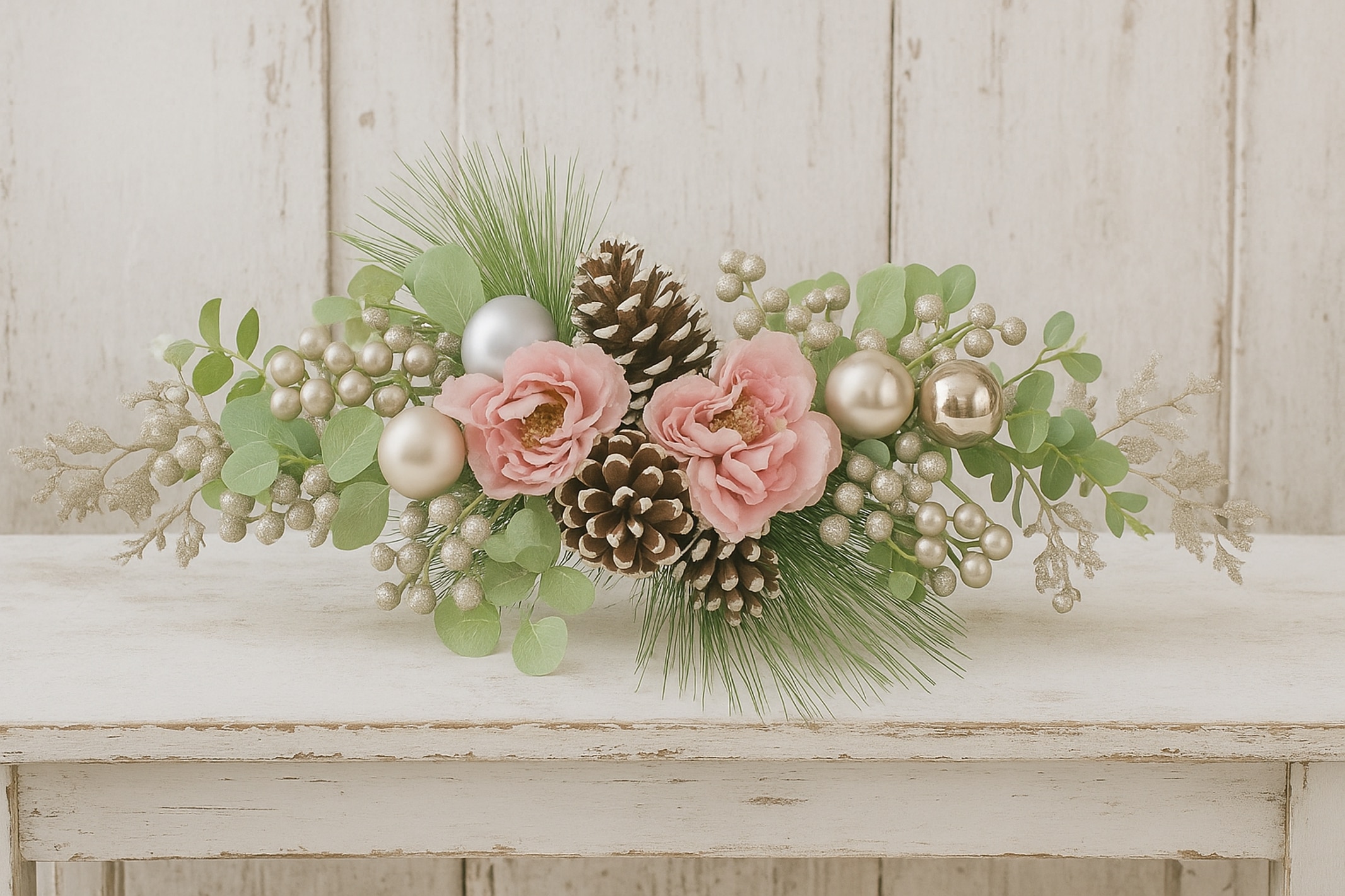 I.GE.A. Kunstblume »Tischgesteck Päonie« Aufleger Eukalyptus, Zapfen, Tischdeko Weihnachtsdeko Weihnachtsblumen