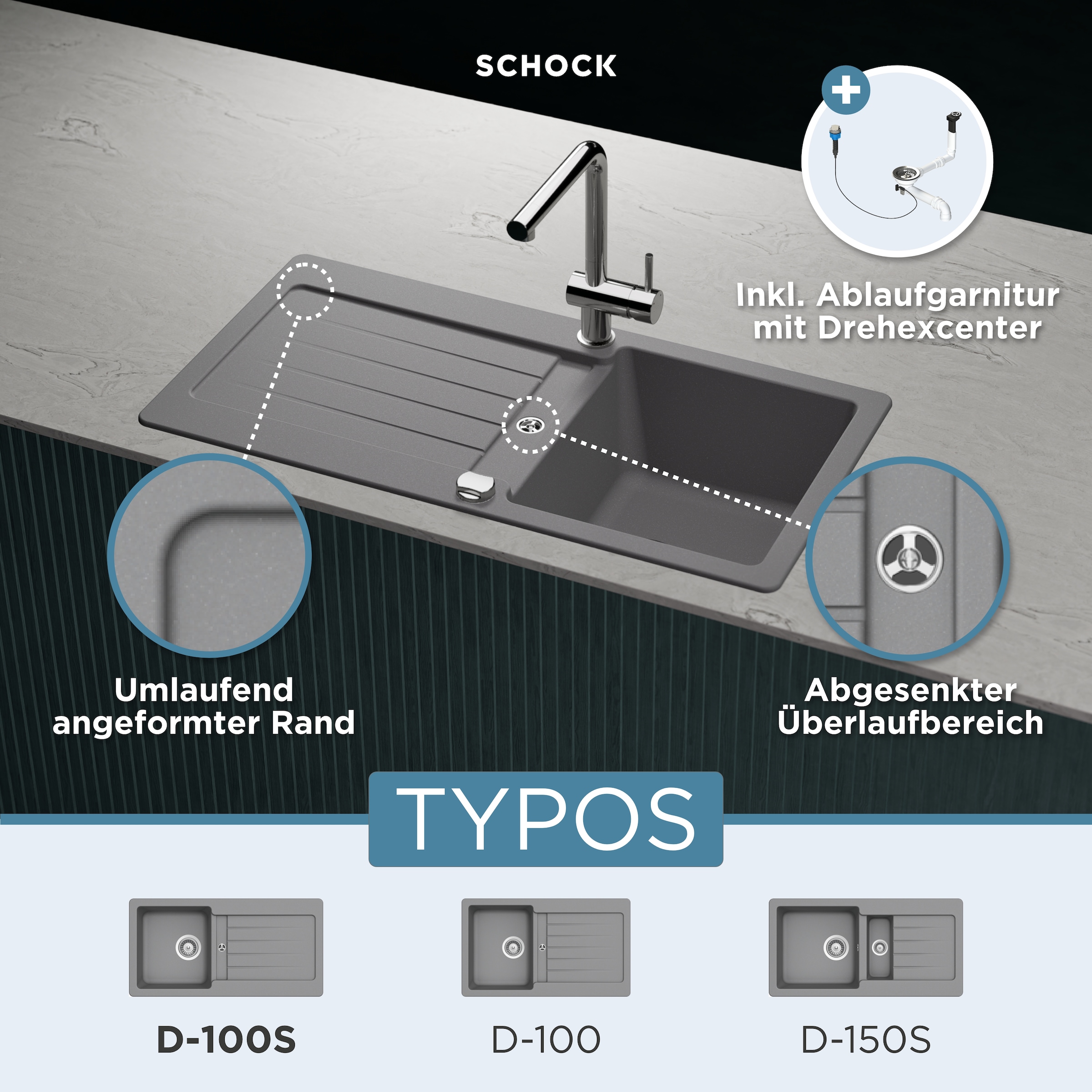 Schock Granitspüle »Typos D-100 S« mit Ablauf und Abtropffläche, links und rechts einbaubar