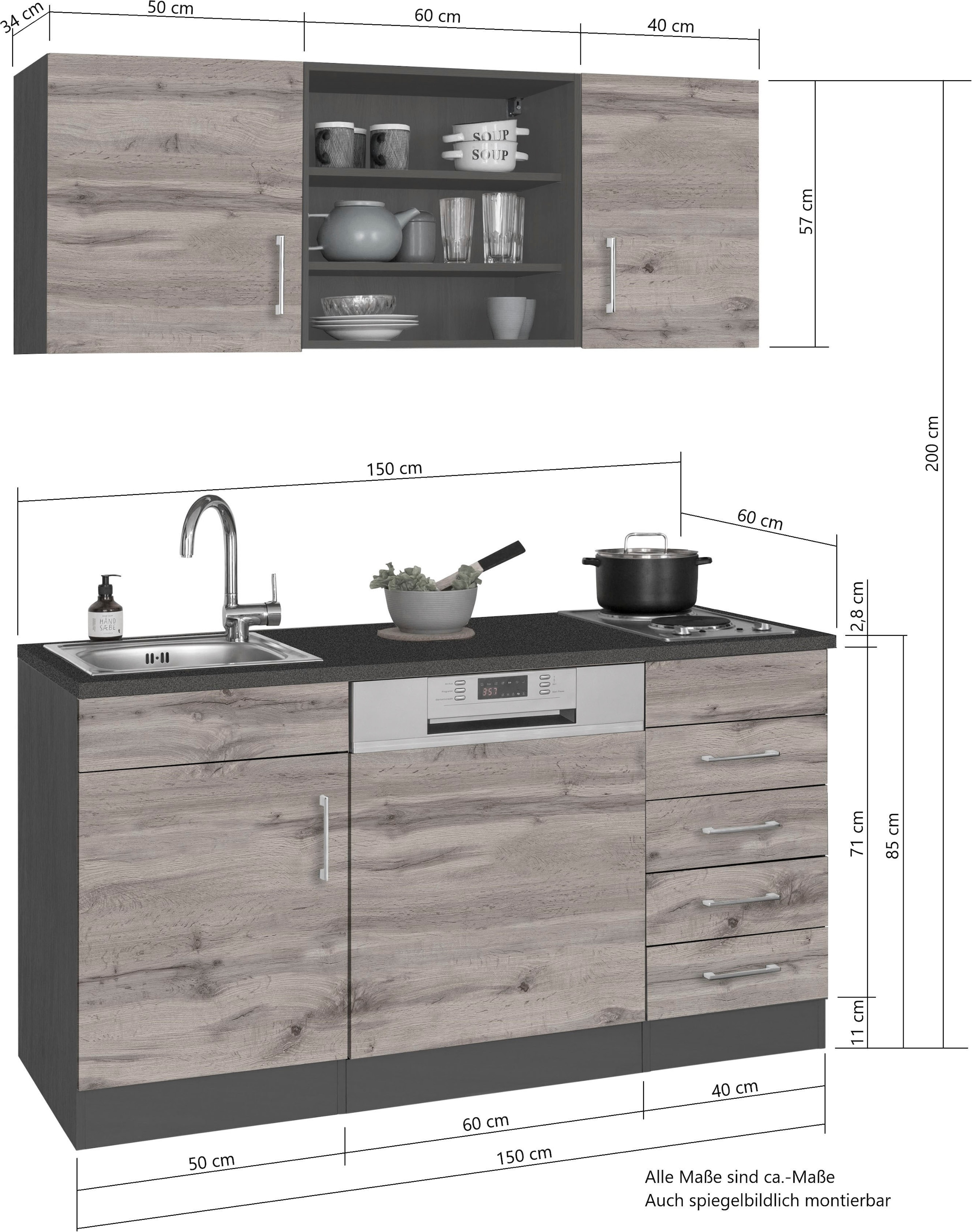 HELD MÖBEL Pantryküche »Mali«, Breite 150 cm, mit E-Geräten