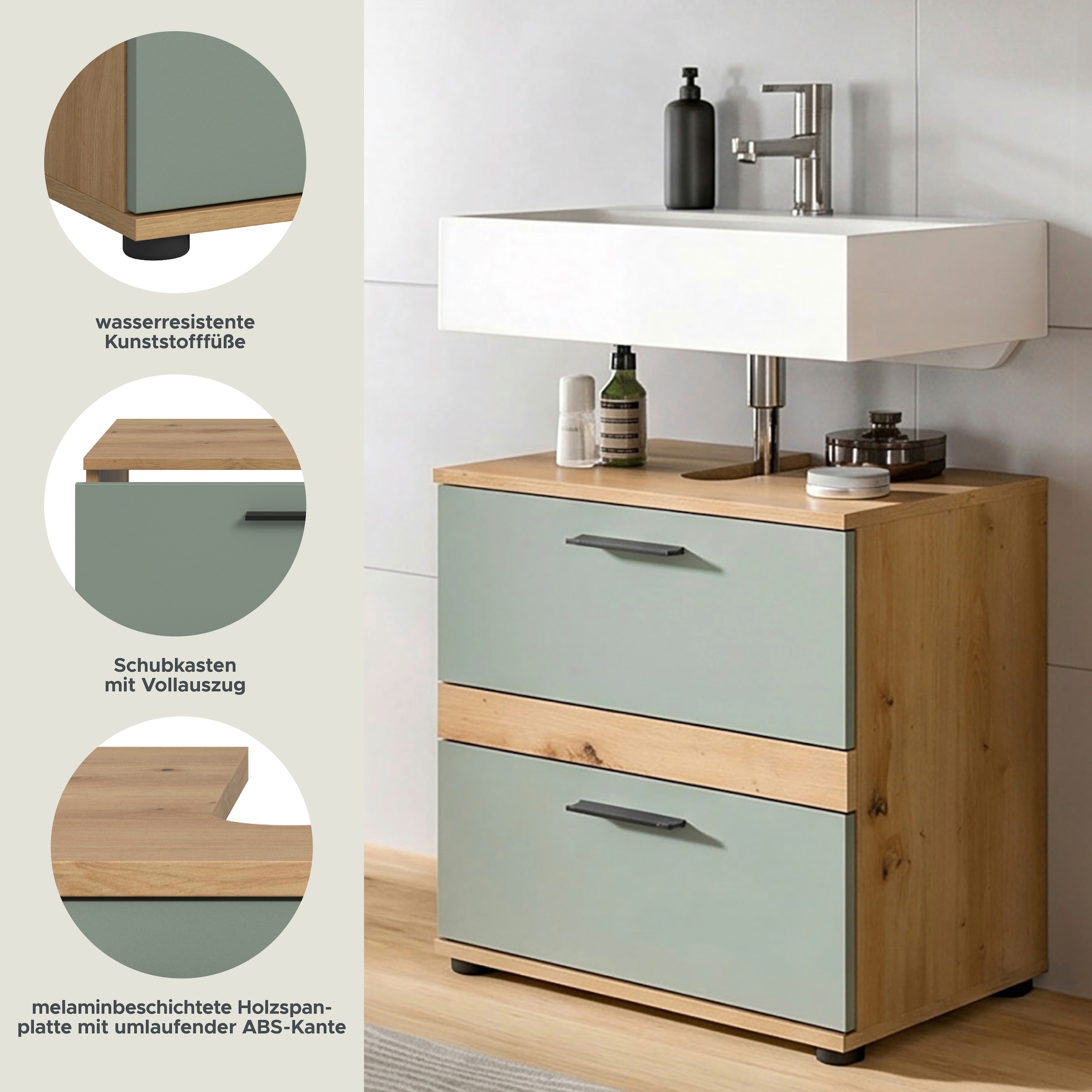 welltime Waschbeckenunterschrank »LUCCA, Breite 60 cm, 2 Schubkästen, hochwertige MDF Front«