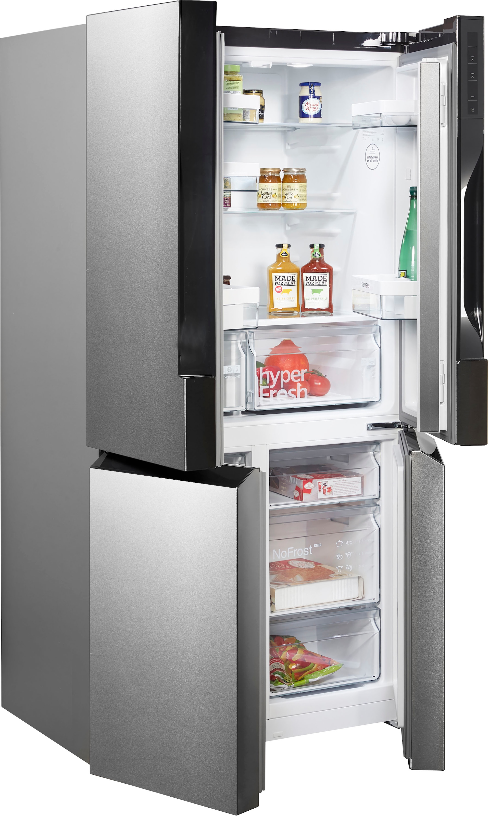 SIEMENS, Multi Door iQ300 »KF96NVPEA« 183 cm hoch 91 cm breit noFrost, hyperFresh Schubladen, LED-Licht, superKühlen, superGefrieren, Gebürsteter 