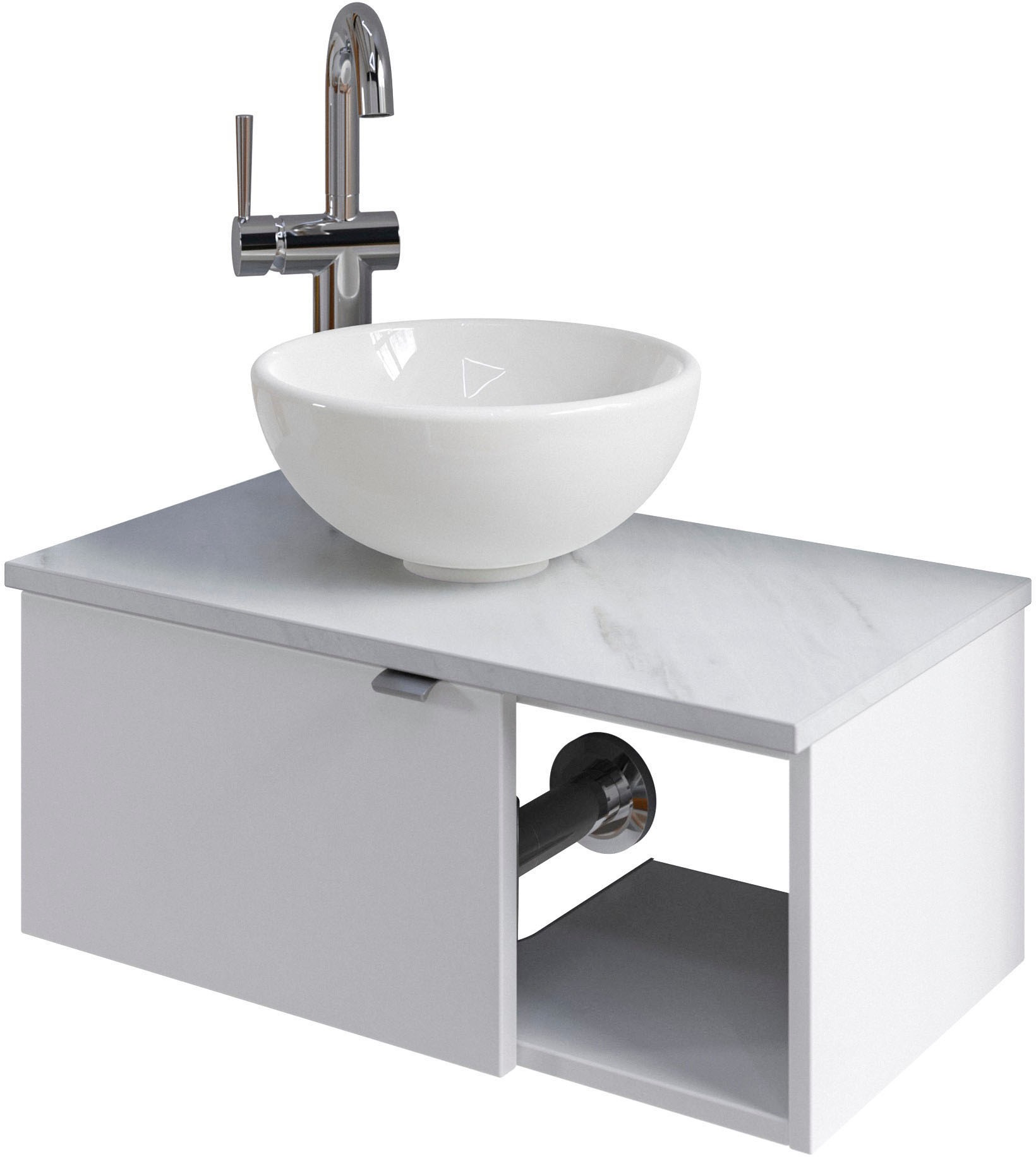 Saphir Waschtisch »Serie 6915 Waschschale mit Unterschrank für Gästebad, Gäste WC« Keramik-Aufsatzbecken, Waschtischplatte, Waschtischunterschrank, 3 Stk. tlg. 61 cm breit, 1 Tür, offenes Fach, kleine Bäder, ohne Armatur
